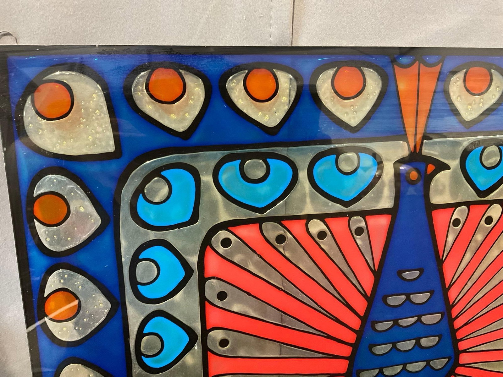 Colorful Blue/Red/Yellow Peacock, Reverse Painting on Glass, Faux Stained Glass style, 17x23 inches - 2