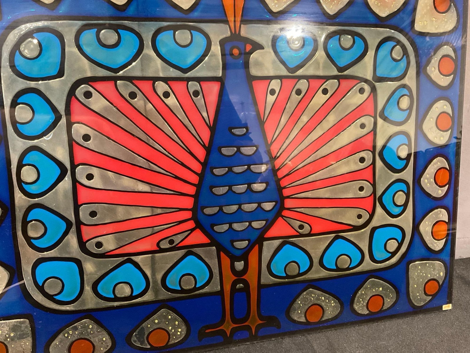 Colorful Blue/Red/Yellow Peacock, Reverse Painting on Glass, Faux Stained Glass style, 17x23 inches - 3