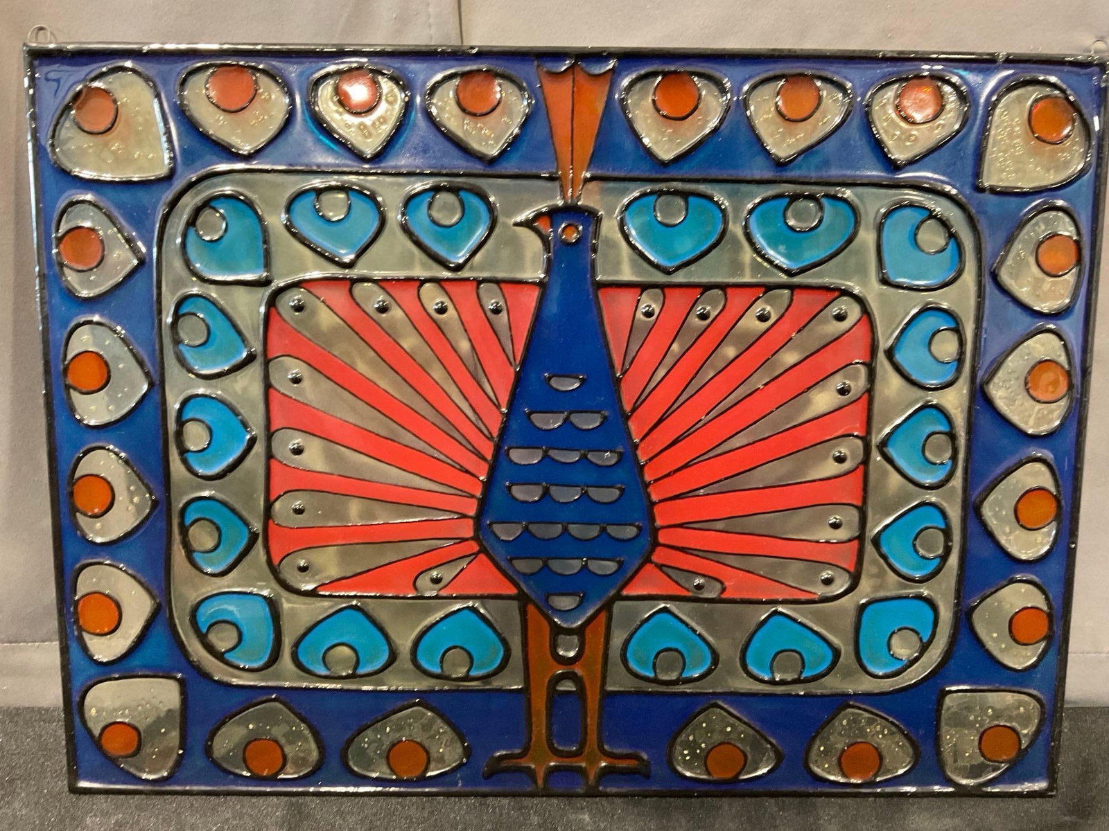 Colorful Blue/Red/Yellow Peacock, Reverse Painting on Glass, Faux Stained Glass style, 17x23 inches - 4
