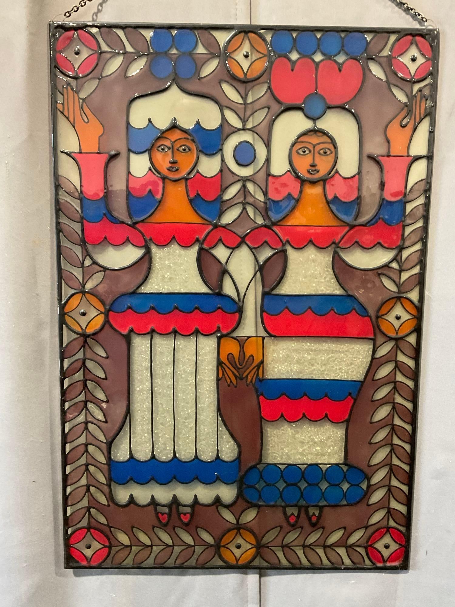 Soviet Style Couple, Red/White/Blue Reverse Painting on Glass, Faux Stained Glass style, 25x17 in: Appears to be in good shape. The piece measures approx 25h x 17w x 2d inches. See pics. E-6080