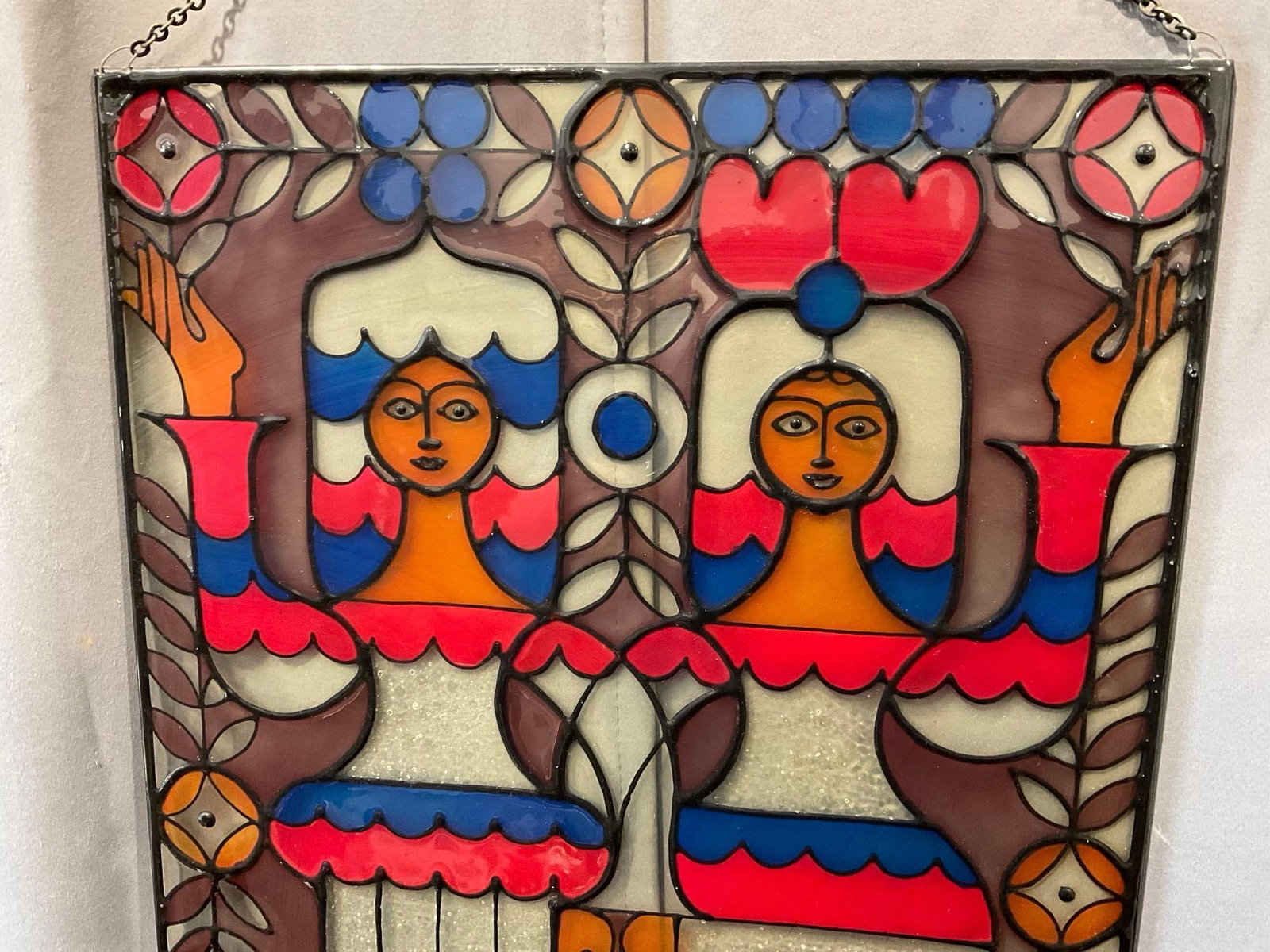 Soviet Style Couple, Red/White/Blue Reverse Painting on Glass, Faux Stained Glass style, 25x17 in - 2