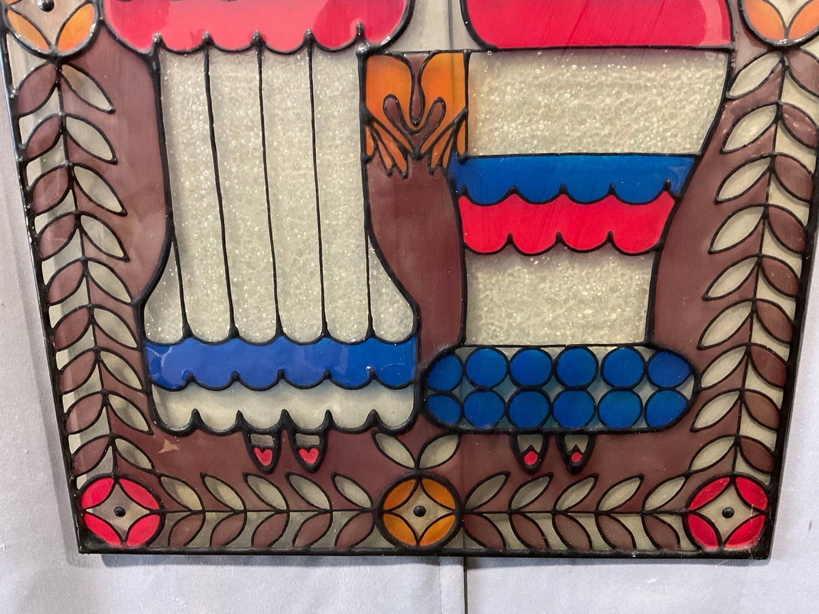 Soviet Style Couple, Red/White/Blue Reverse Painting on Glass, Faux Stained Glass style, 25x17 in - 3
