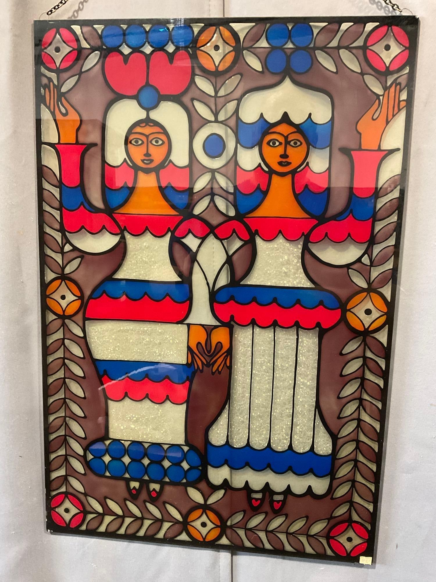 Soviet Style Couple, Red/White/Blue Reverse Painting on Glass, Faux Stained Glass style, 25x17 in - 4