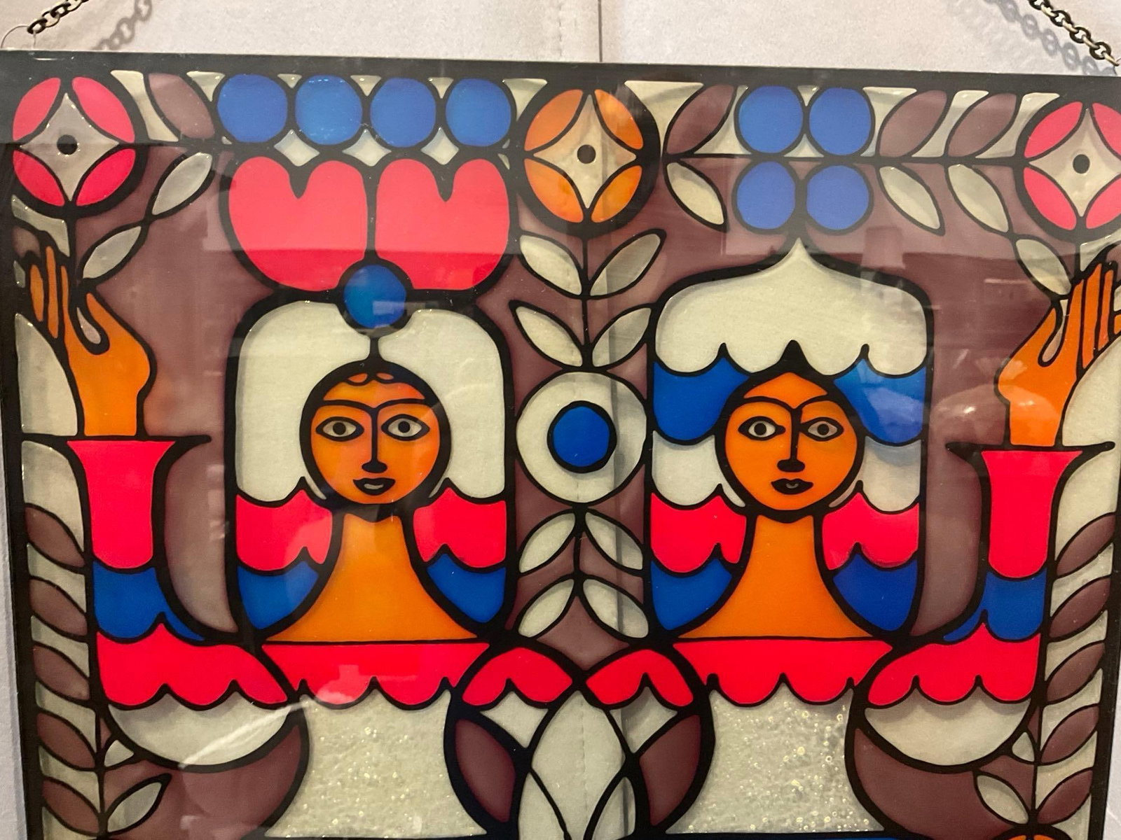 Soviet Style Couple, Red/White/Blue Reverse Painting on Glass, Faux Stained Glass style, 25x17 in - 5