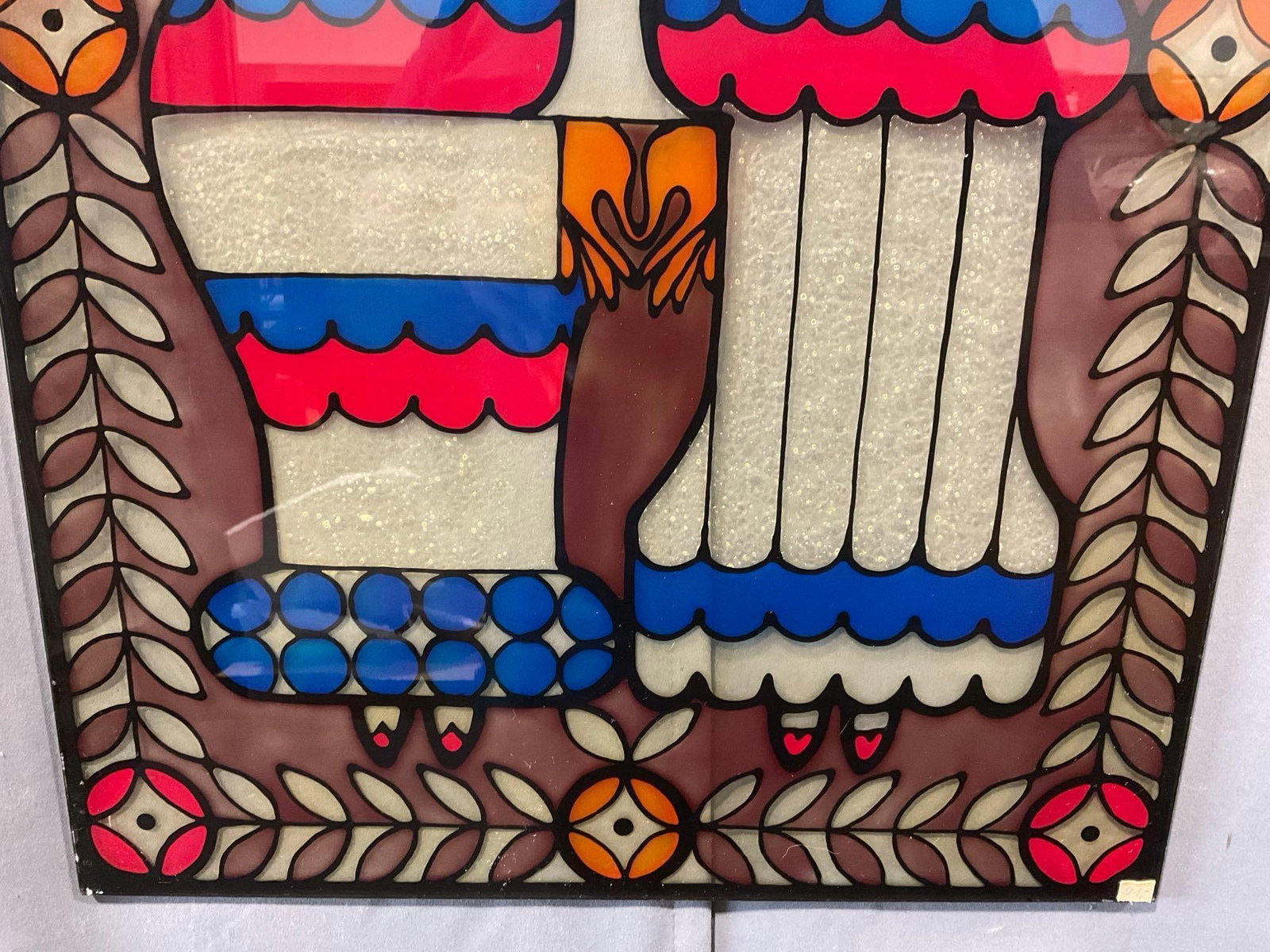 Soviet Style Couple, Red/White/Blue Reverse Painting on Glass, Faux Stained Glass style, 25x17 in - 6