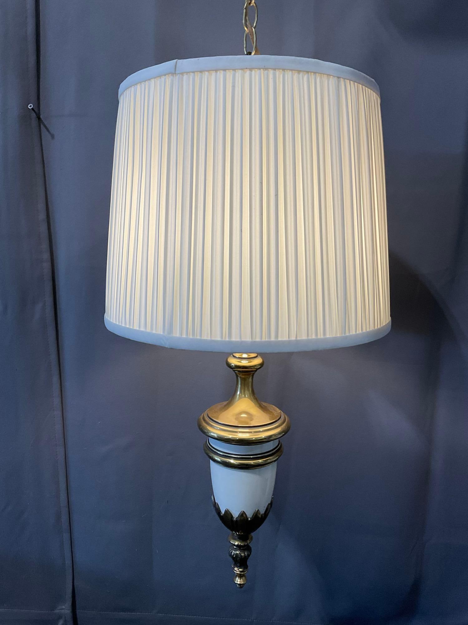 Swag Hanging Lamp, Brass & Porcelain, tested & working, w/6-8 foot chain: Appears to be in good shape. The piece measures approx 27h x 16w x 16d inches. See pics. E-6080