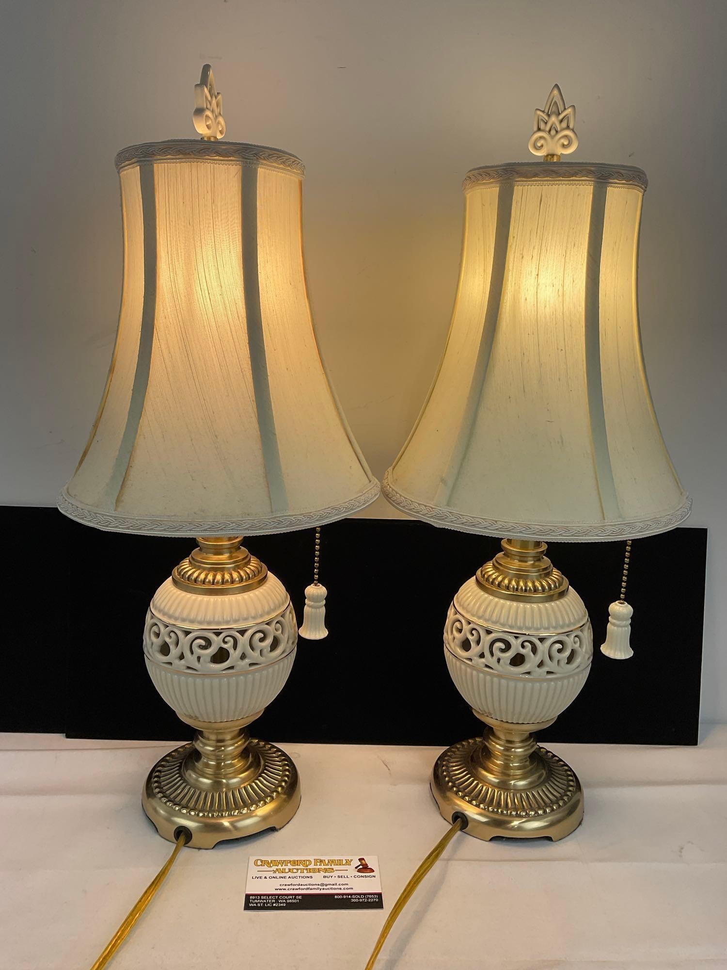Pair of Lenox Quoizel Lamps, Brass & Ornate Porcelain, 20 inches each: Appears to be in good shape. The piece measures approx 20h x 16w x 9d inches. See pics. E-6080