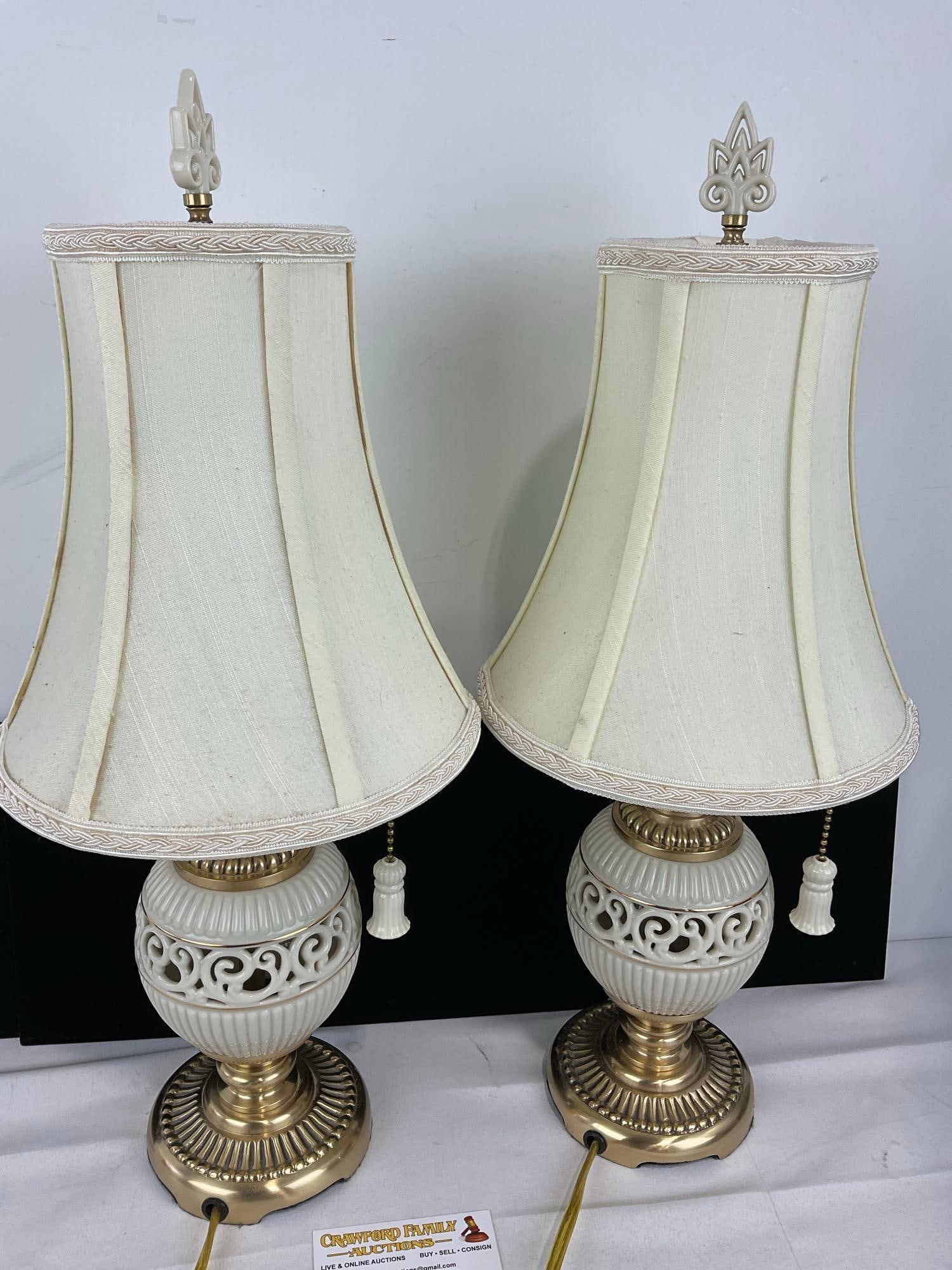 Pair of Lenox Quoizel Lamps, Brass & Ornate Porcelain, 20 inches each - 2
