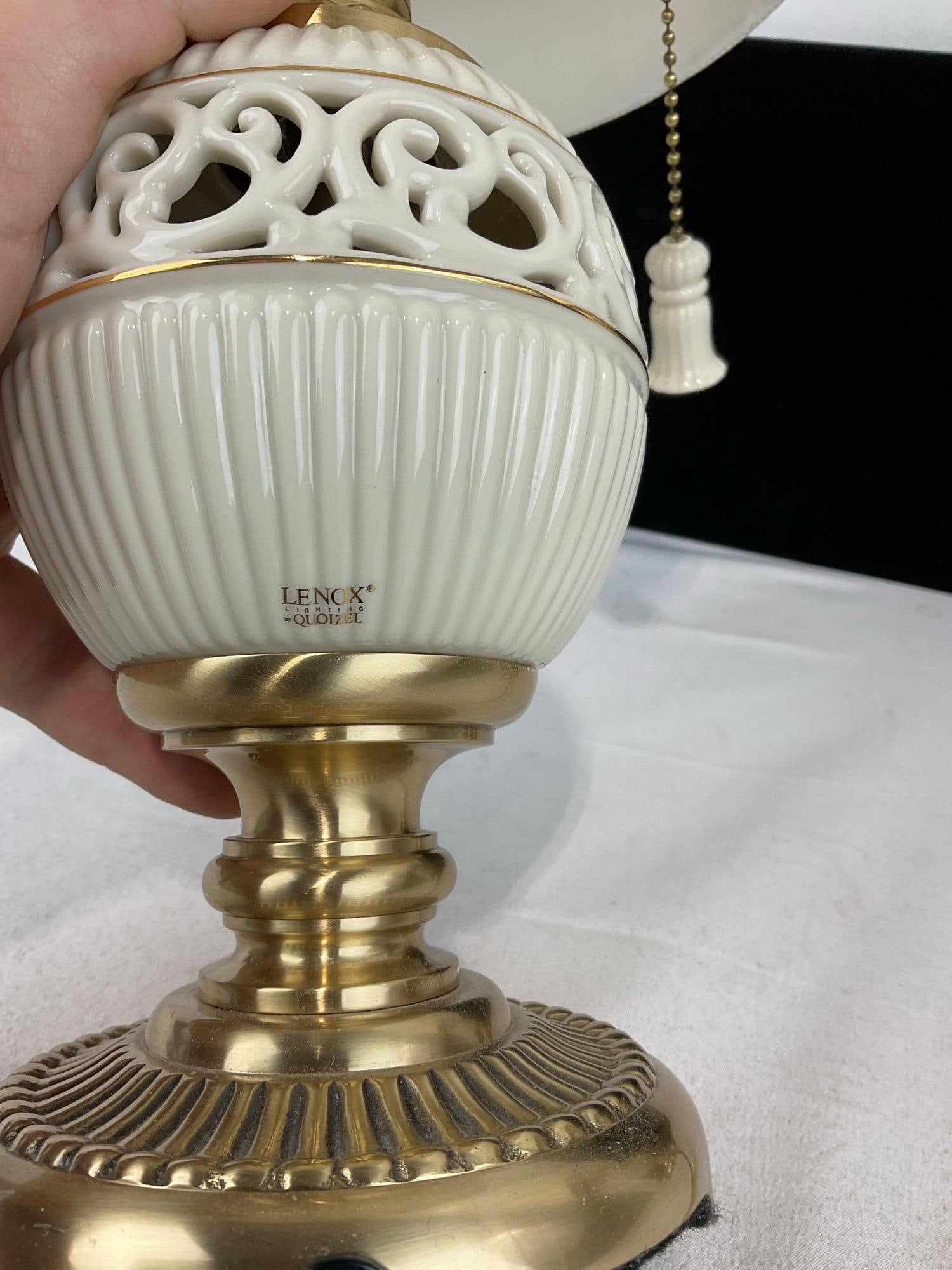 Pair of Lenox Quoizel Lamps, Brass & Ornate Porcelain, 20 inches each - 3