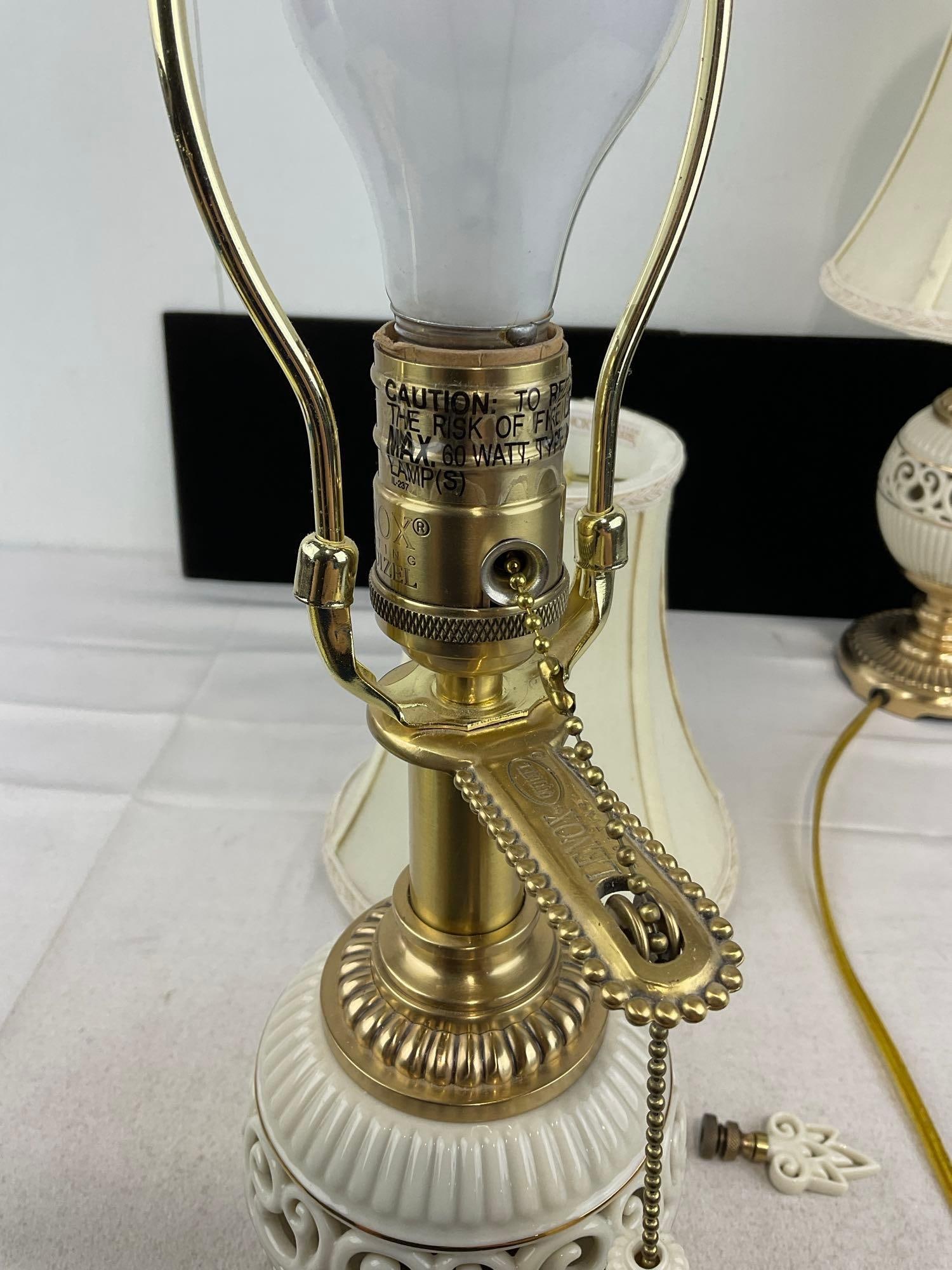 Pair of Lenox Quoizel Lamps, Brass & Ornate Porcelain, 20 inches each - 5