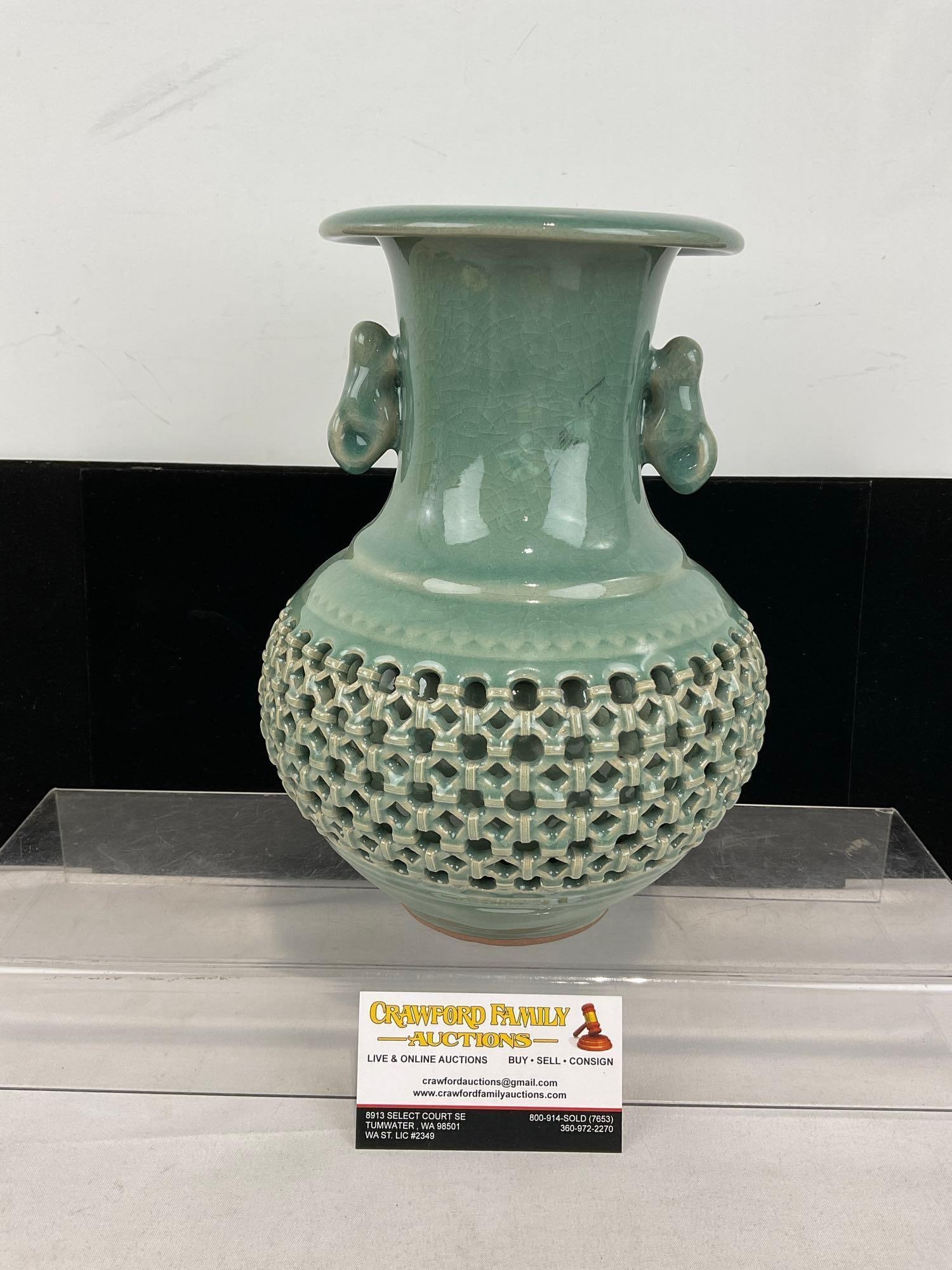 Vintage Koreak Double Walled Celadon Vase, Reticulated Basket design, w/handles, 10 inches tall: Appears to be in good shape. The piece measures approx 11h x 8w x 8d inches. See pics. E-6080