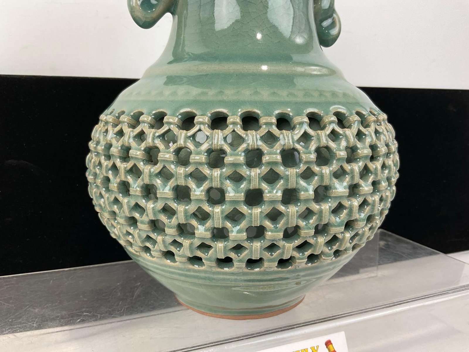 Vintage Koreak Double Walled Celadon Vase, Reticulated Basket design, w/handles, 10 inches tall - 3
