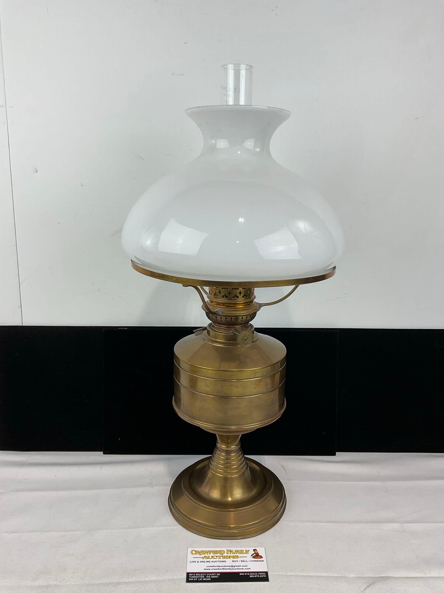 Vintage Oil Table Lamp, Brass & Milk Glass Shade, Glass Chimney, 22h x 10w x 10d inches: Appears to be in good shape. The piece measures approx 22h x 10w x 10d inches. See pics. E-6080