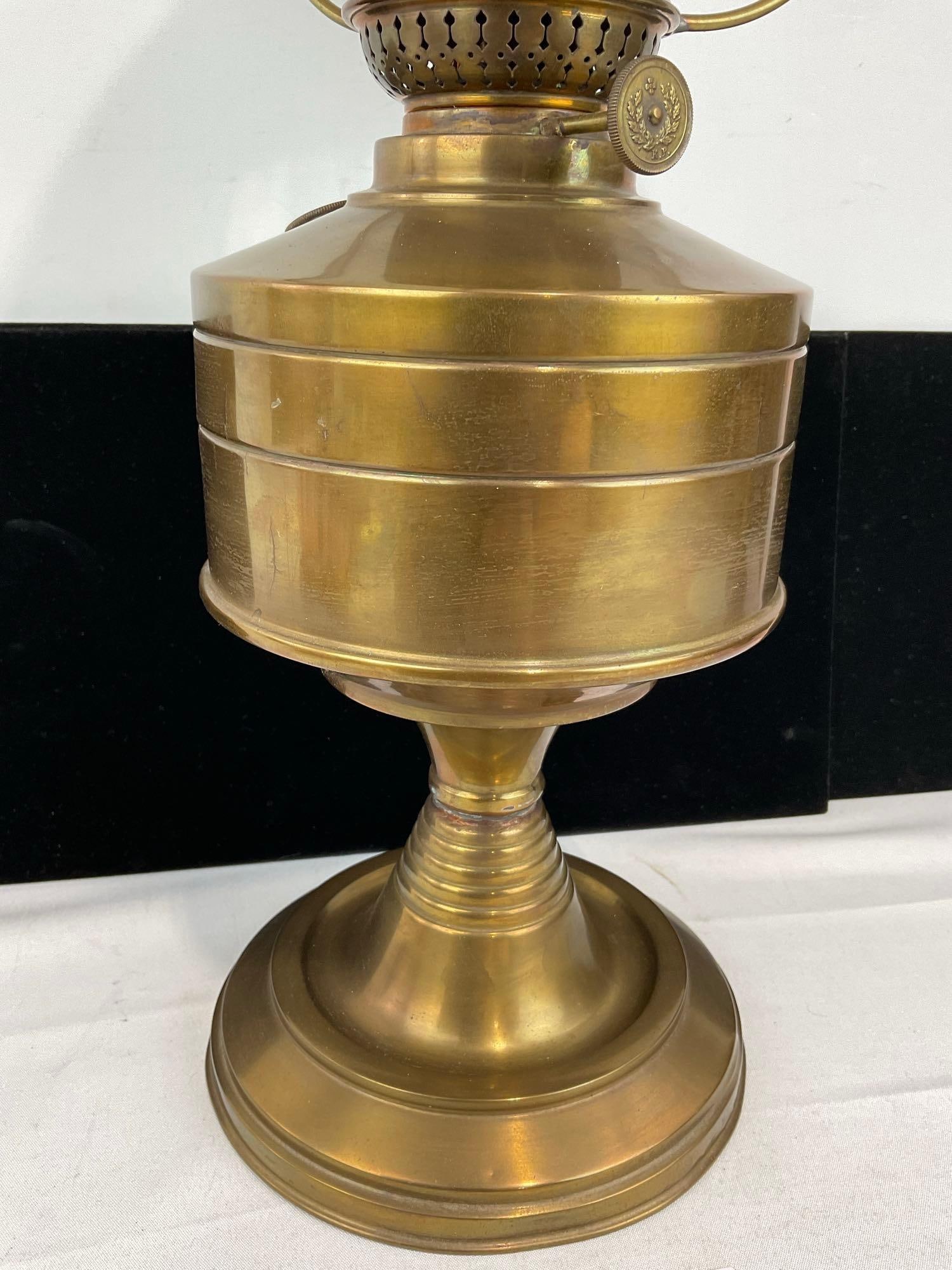 Vintage Oil Table Lamp, Brass & Milk Glass Shade, Glass Chimney, 22h x 10w x 10d inches - 2