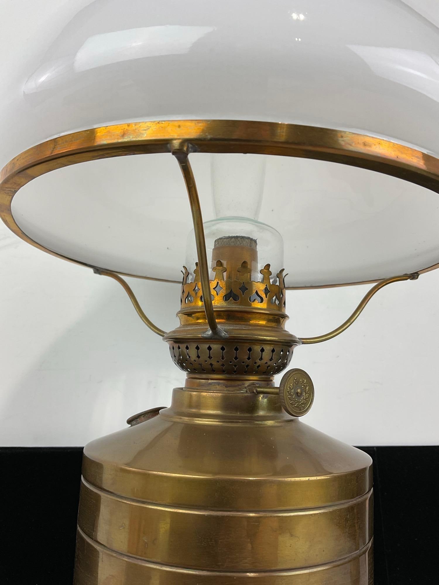 Vintage Oil Table Lamp, Brass & Milk Glass Shade, Glass Chimney, 22h x 10w x 10d inches - 3