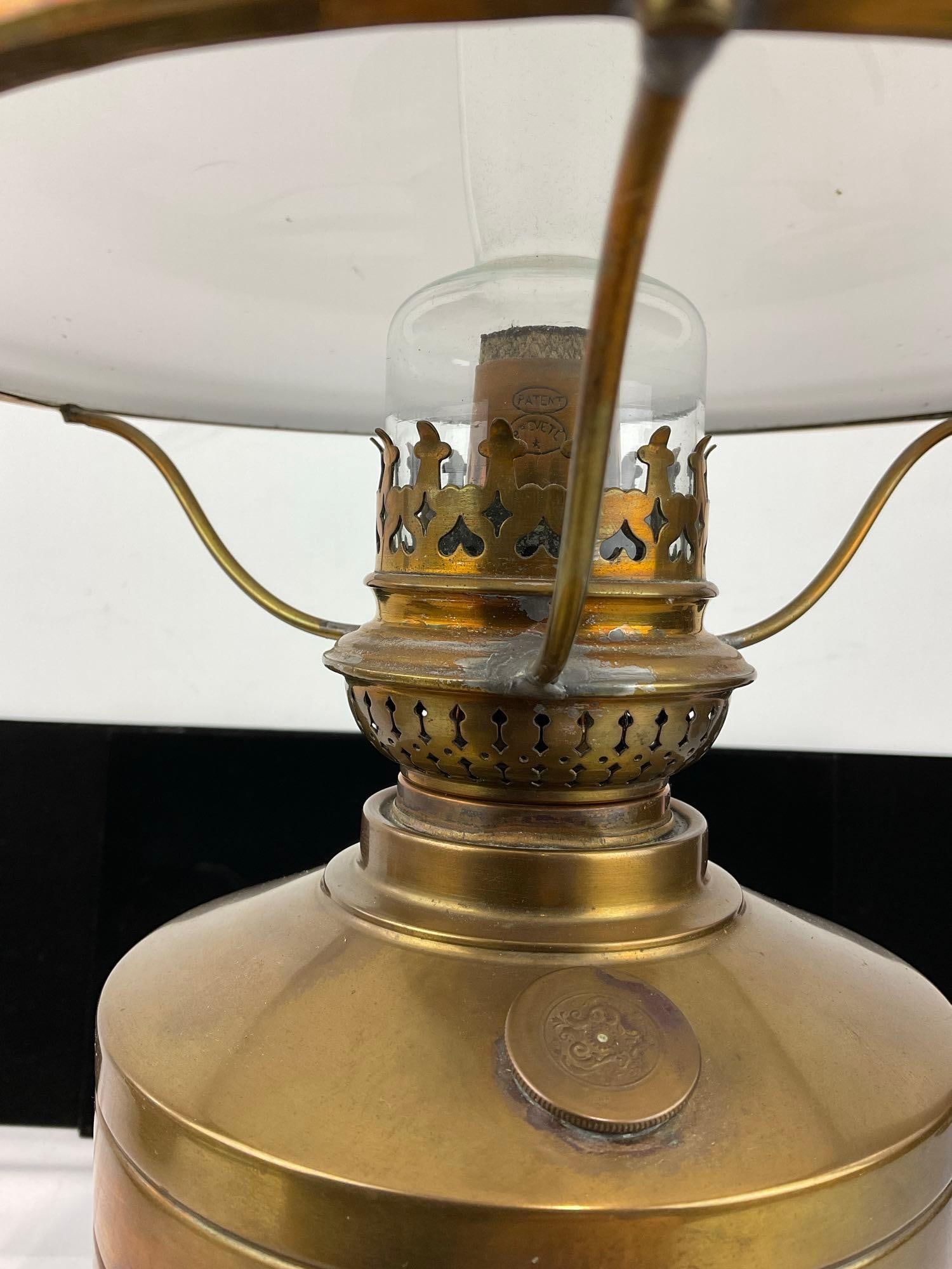 Vintage Oil Table Lamp, Brass & Milk Glass Shade, Glass Chimney, 22h x 10w x 10d inches - 4