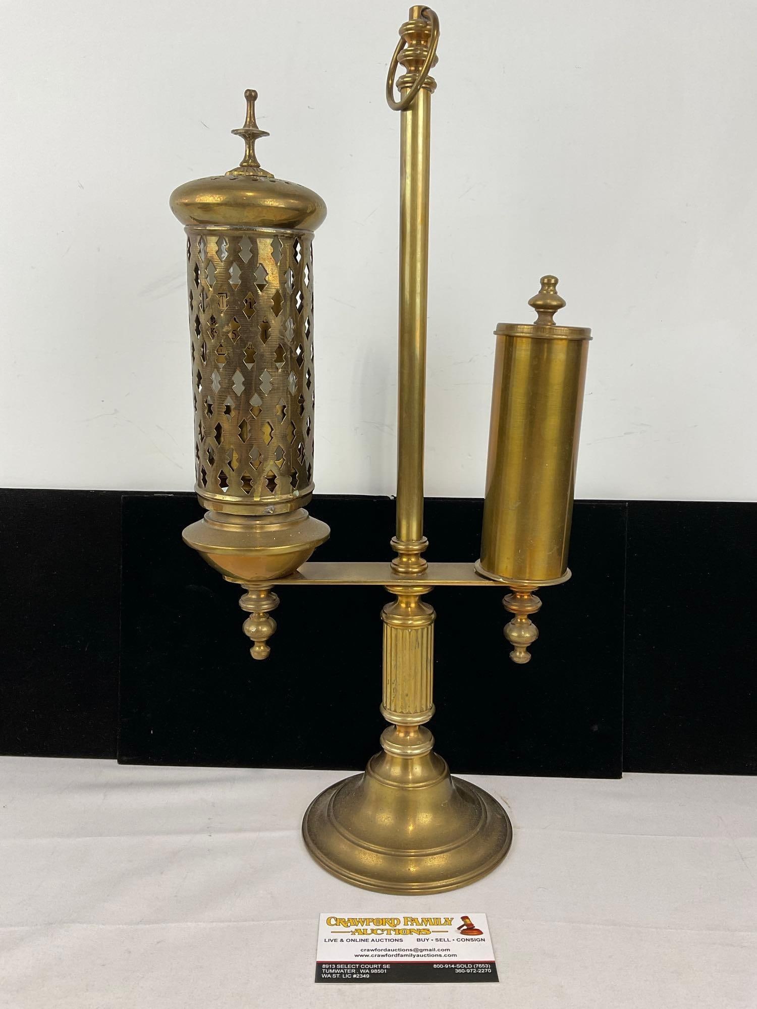 Antique Brass Student Parlor Lamp, w/Candle Holder & Match Holder, 19 inches: Appears to be in fair to good shape, the center shaft is not able to be screwed in, looks like missing a small threaded piece. The piece measures approx 19h x 10w x 6d inches. See pics. E-6080