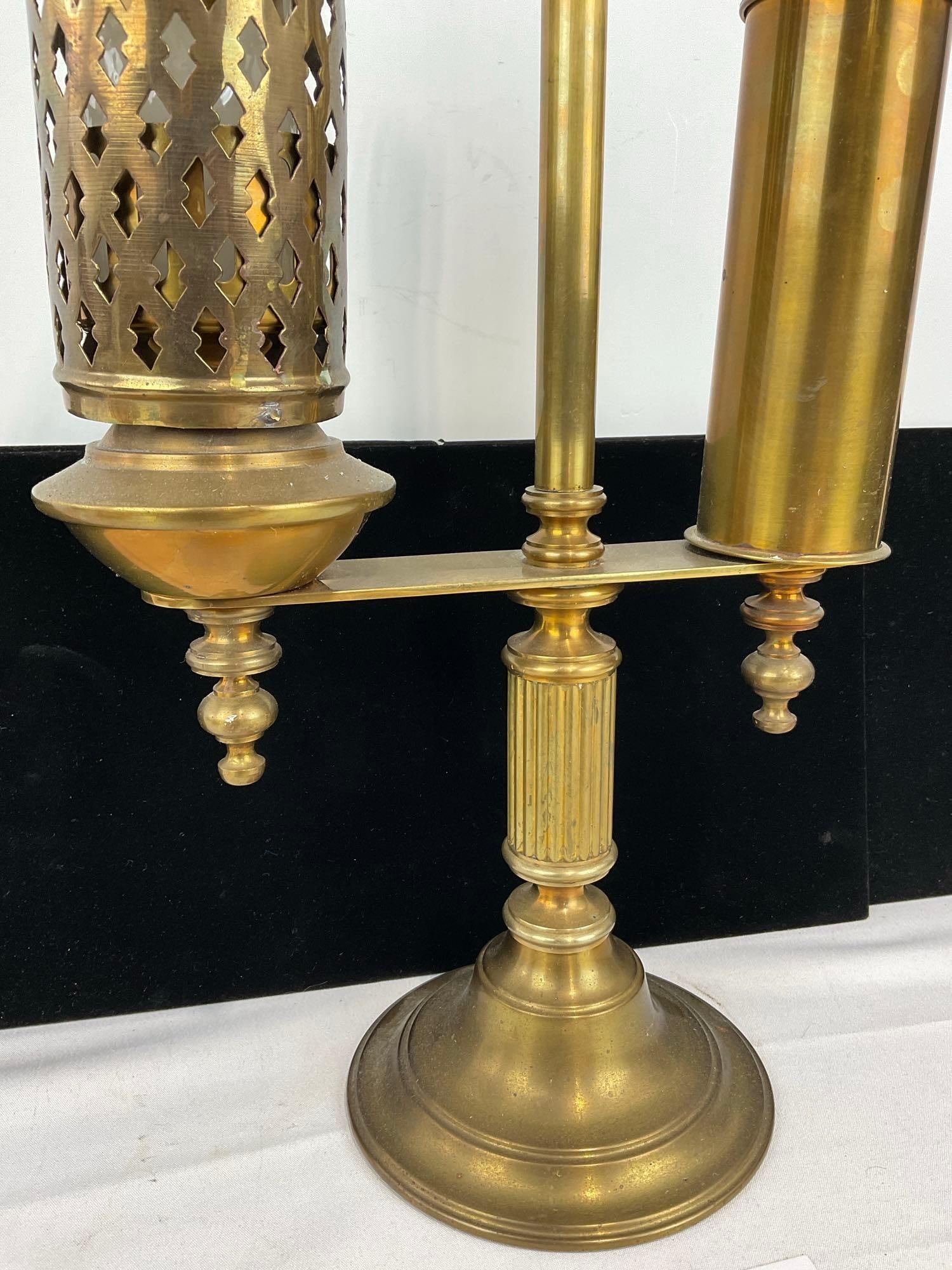 Antique Brass Student Parlor Lamp, w/Candle Holder & Match Holder, 19 inches - 2
