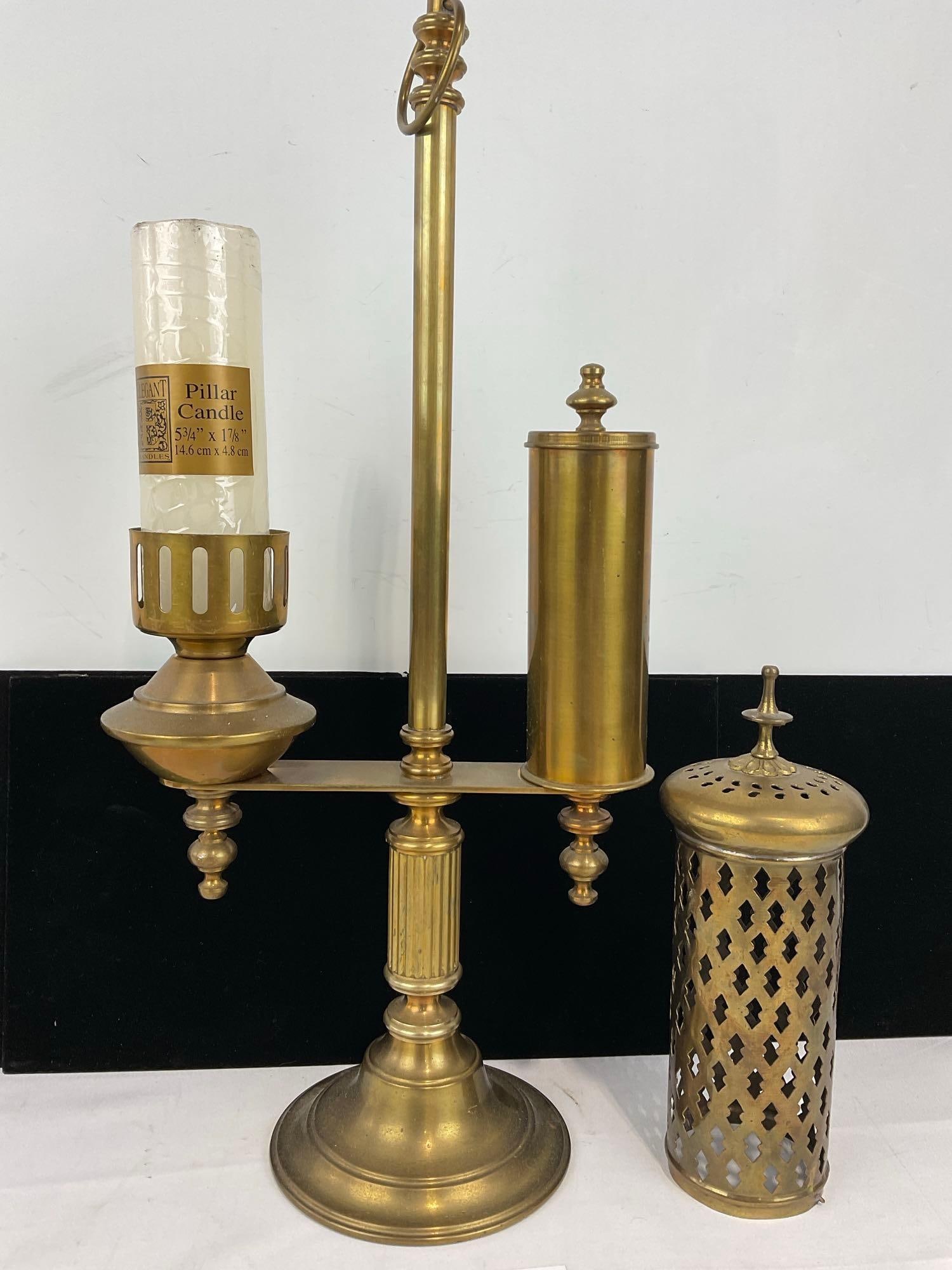 Antique Brass Student Parlor Lamp, w/Candle Holder & Match Holder, 19 inches - 4