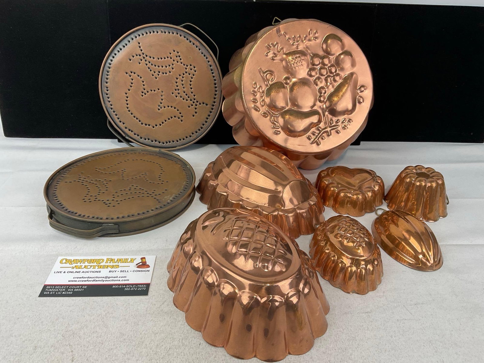 2 Pfaltzgraff Village Copper Punches Trivets & 7 Copper Clad Cake & Jelly Molds,: Appears to be in good shape. The piece measures approx 5h x 9w x 9d inches. See pics. E-6080