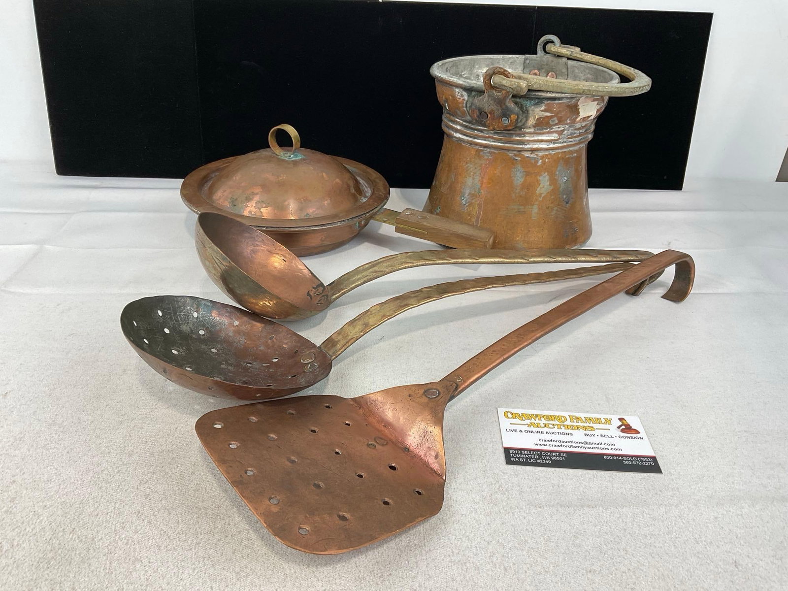 Copper Clad Fry Pan & Pail, & Copper Utensils, Ladle, Spider & Spatula,: Appears to be in good shape. The piece measures approx 8h x 17w x 12d inches. See pics. E-6080