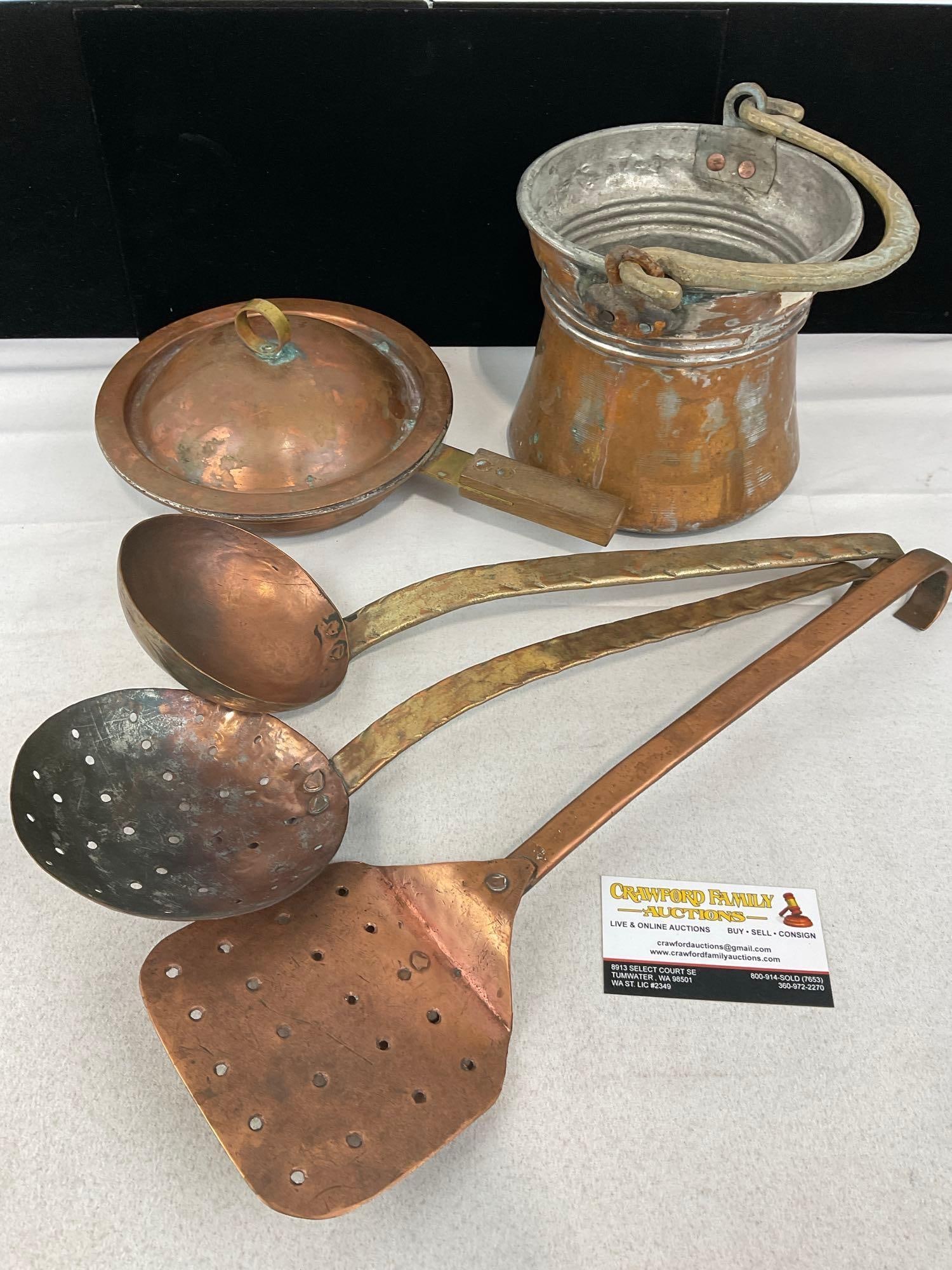Copper Clad Fry Pan & Pail, & Copper Utensils, Ladle, Spider & Spatula, - 2
