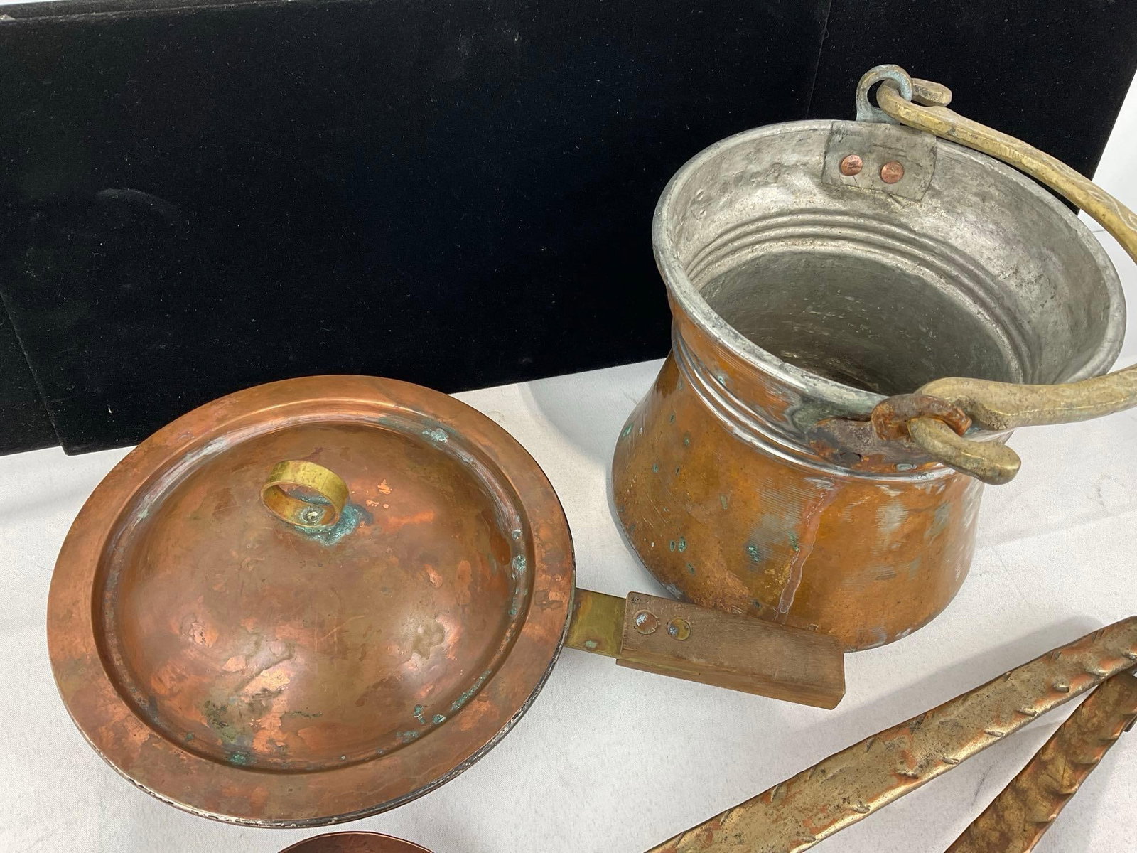 Copper Clad Fry Pan & Pail, & Copper Utensils, Ladle, Spider & Spatula, - 3