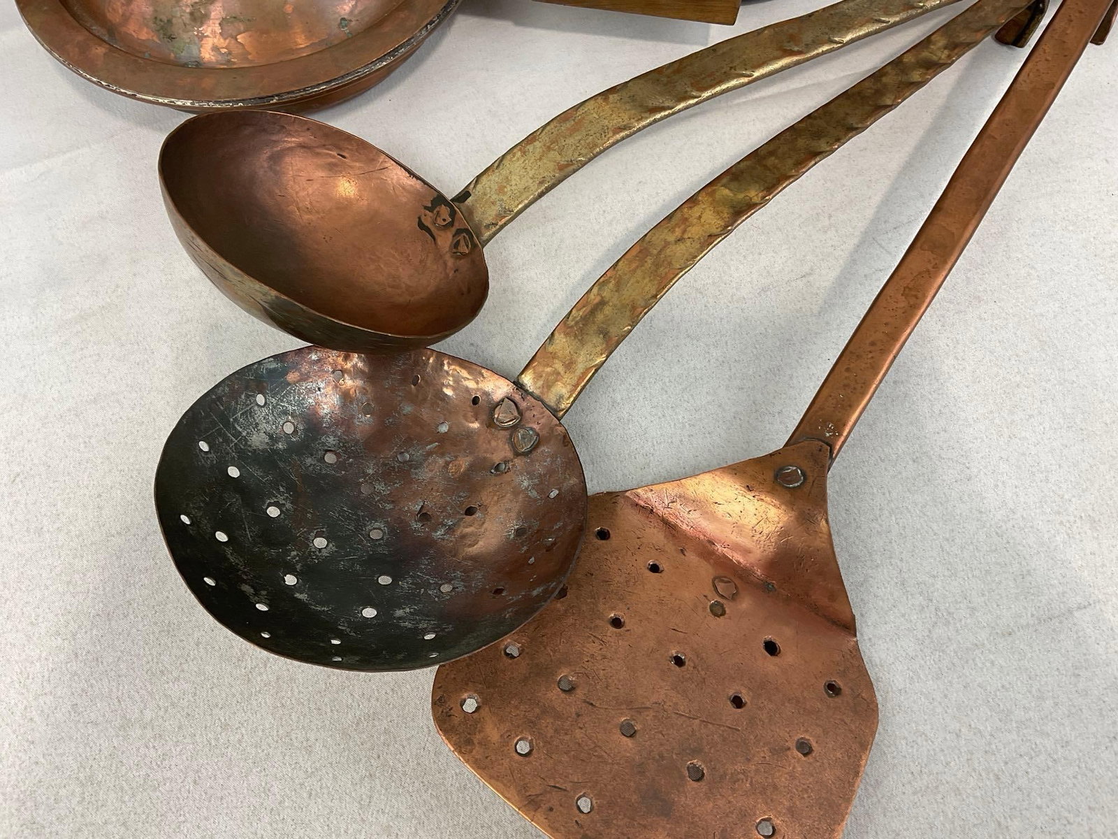 Copper Clad Fry Pan & Pail, & Copper Utensils, Ladle, Spider & Spatula, - 4