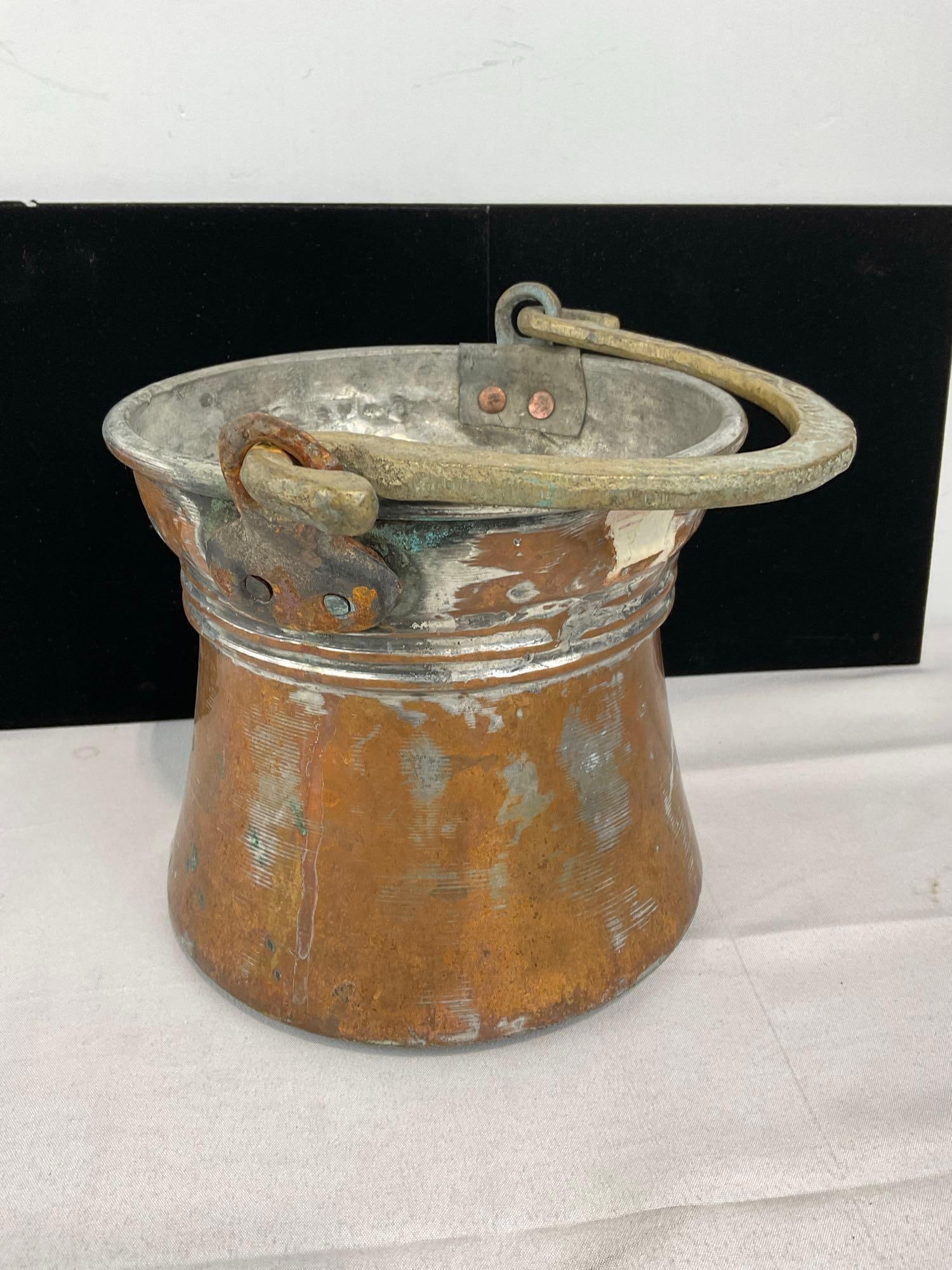 Copper Clad Fry Pan & Pail, & Copper Utensils, Ladle, Spider & Spatula, - 8