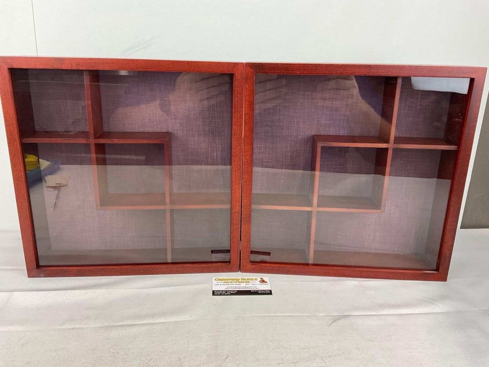 Pair of Geometric Shadowboxes, 14x14 inches, cherry style wood: Appears to be in good shape. The piece measures approx 8h x 14w x 14d inches. See pics. E-6080