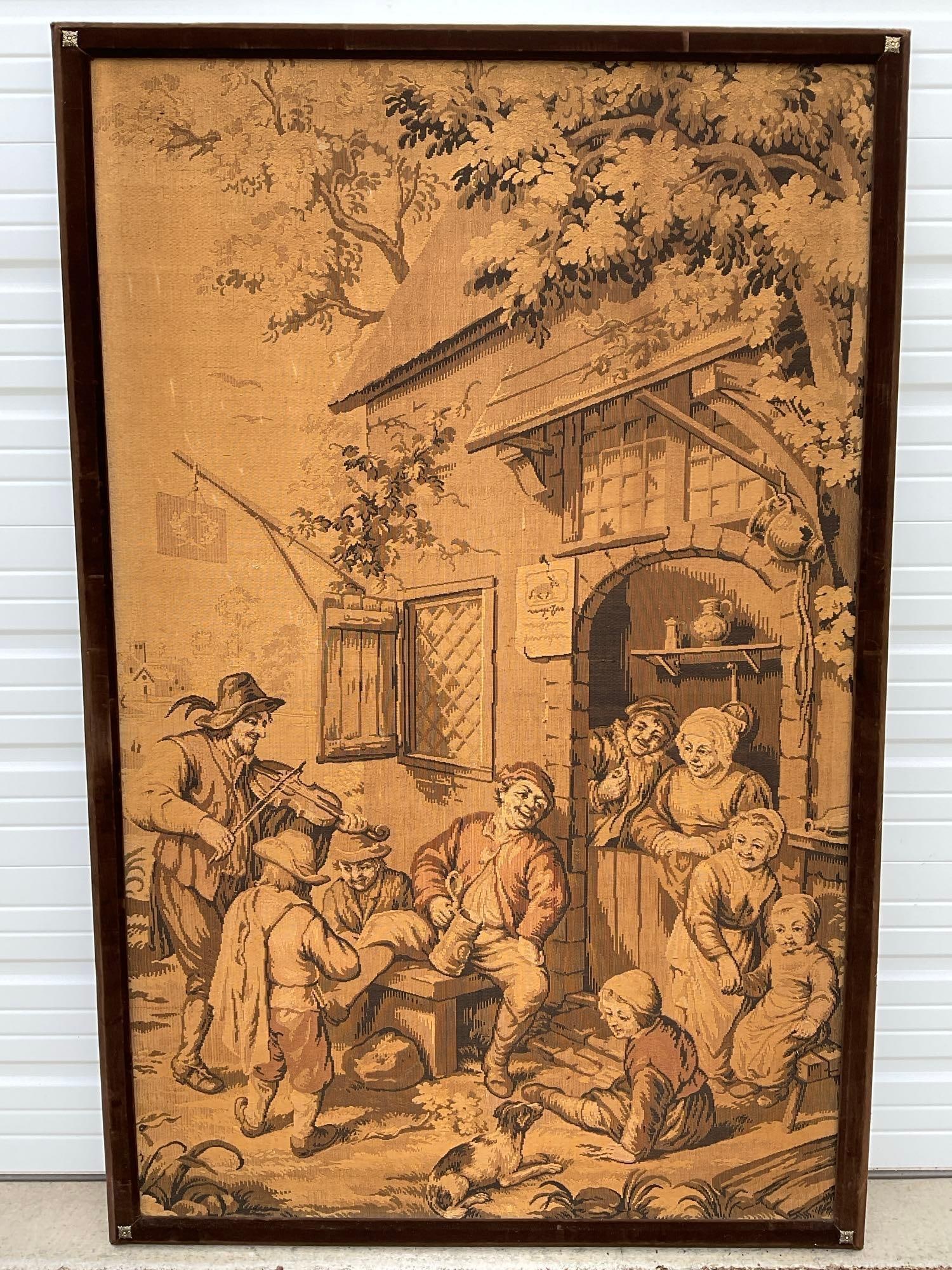 Large Antique? Framed French Wall Hanging Tapestry, 81x53 inches, from Adriaen Van Ostade etching: *No in-house shipping due to size* Appears to be in good shape, cannot be taken off of the frame. The piece measures approx 81h x 53w x 4d inches. See pics. E-6080 *Freight Required if