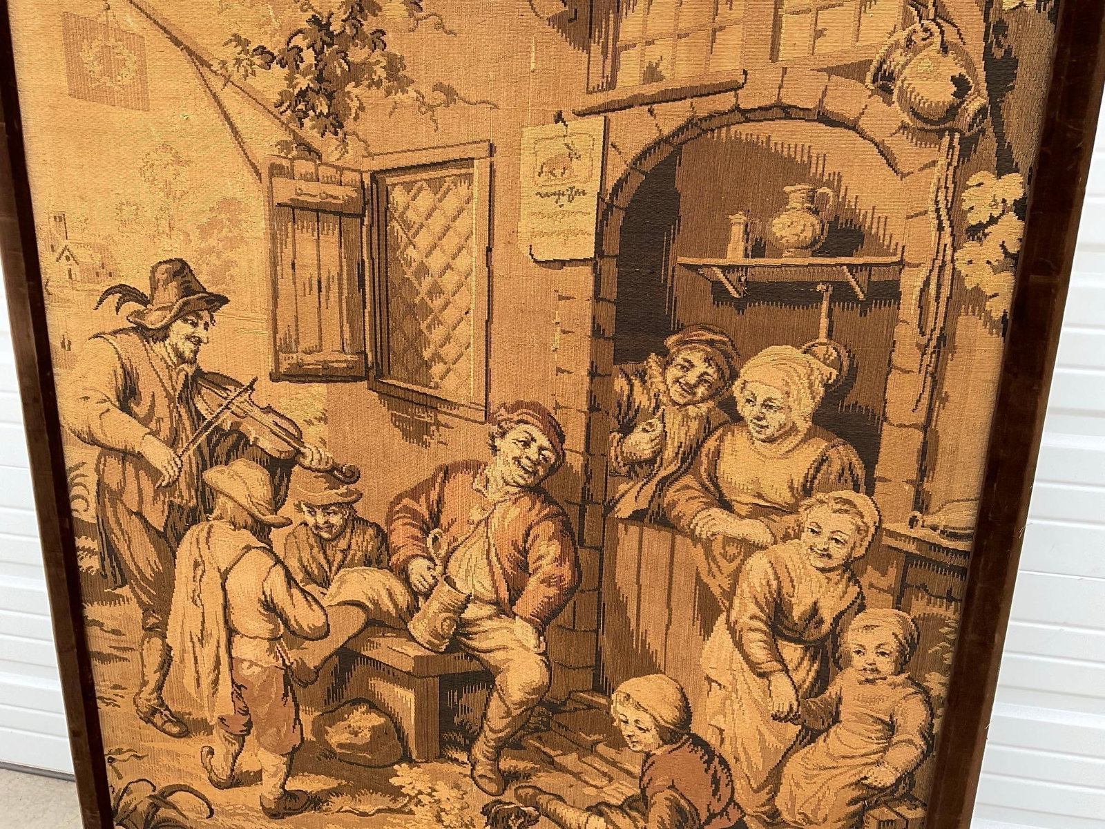 Large Antique? Framed French Wall Hanging Tapestry, 81x53 inches, from Adriaen Van Ostade etching - 3