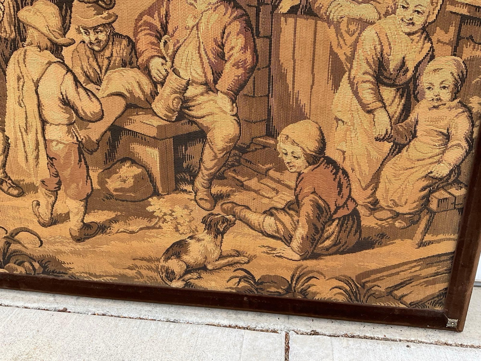 Large Antique? Framed French Wall Hanging Tapestry, 81x53 inches, from Adriaen Van Ostade etching - 4