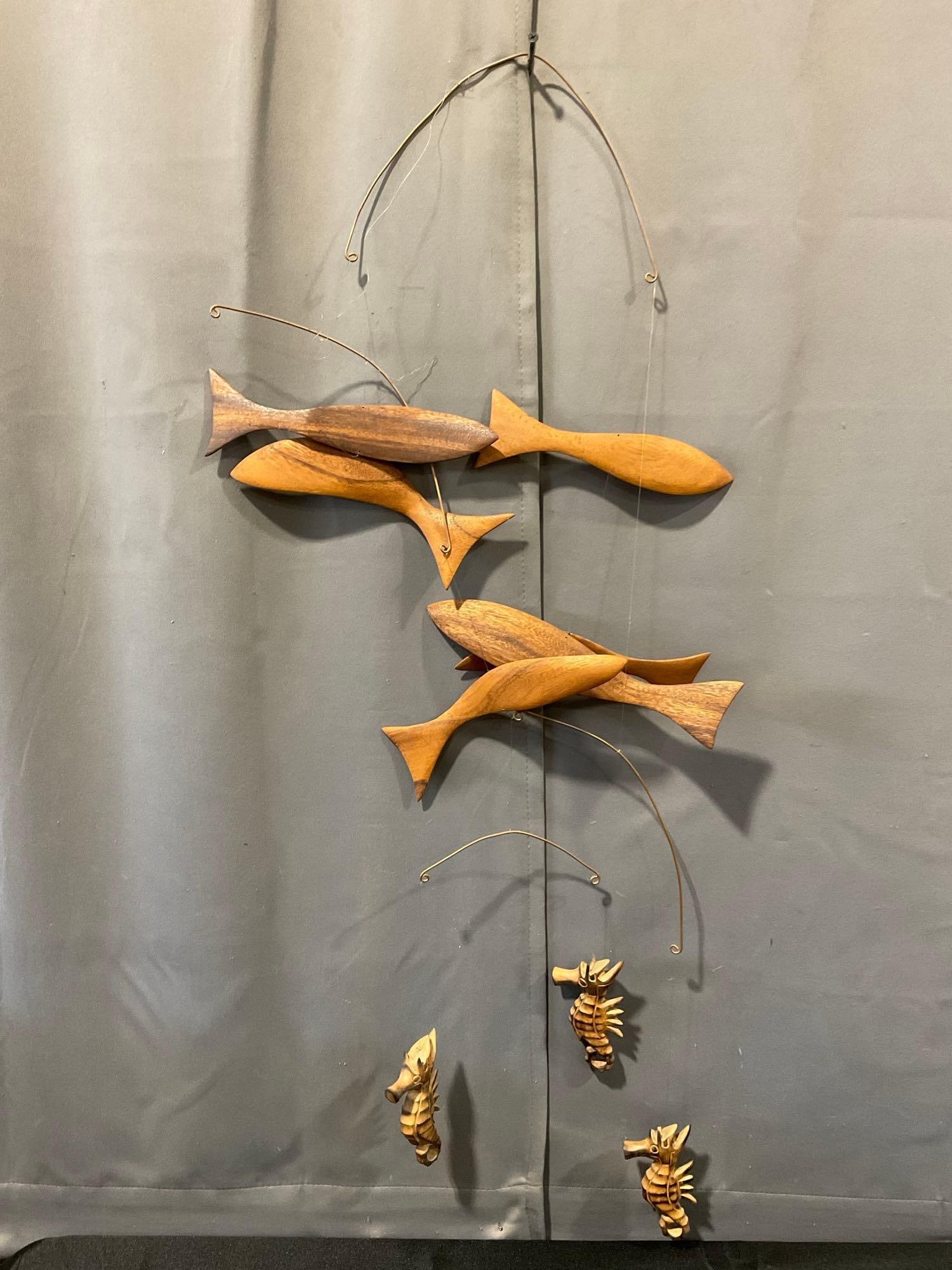 Flensted Floating Fish Mobile, needs some TLC, Smooth Wood Fish & Seahorses: Appears to be in good shape. The piece measures approx 3h x 11w x 11d inches. See pics. E-6080
