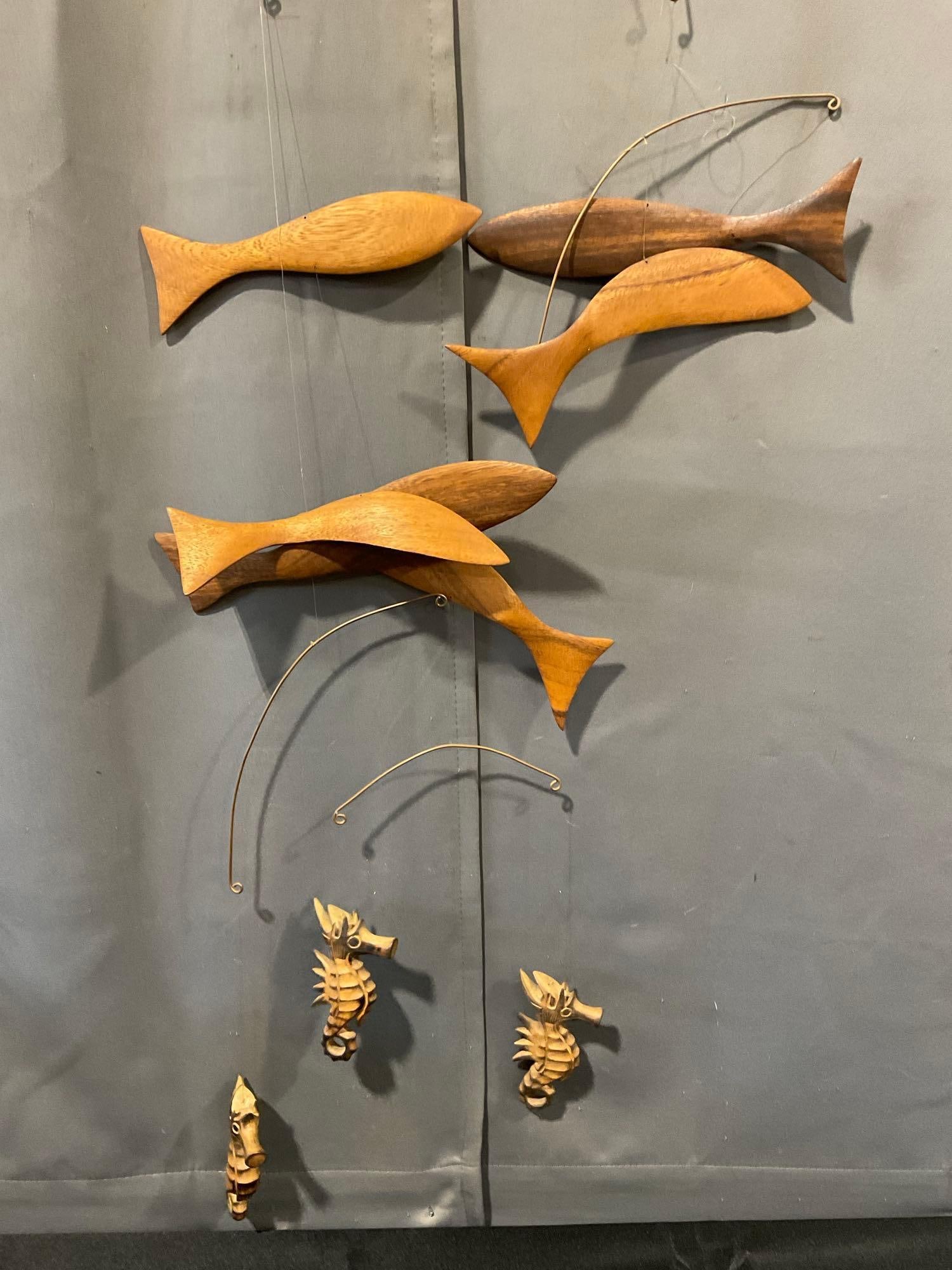 Flensted Floating Fish Mobile, needs some TLC, Smooth Wood Fish & Seahorses - 4
