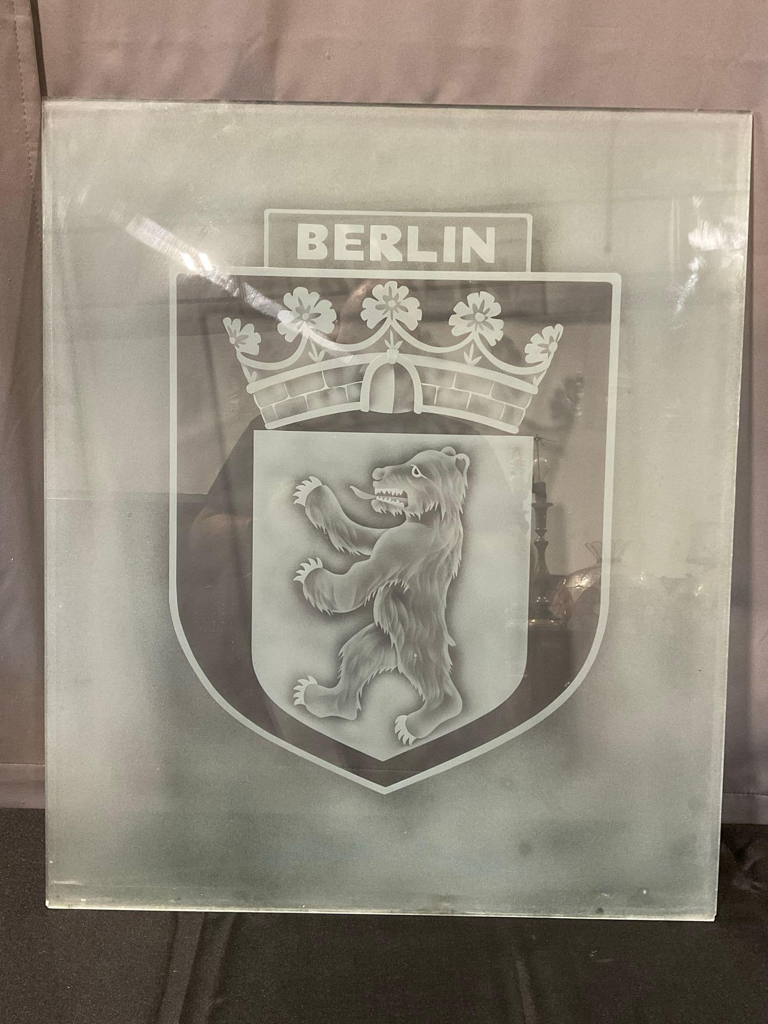 Large Berlin Germany Frosted Glass Panel, City Crest, Bear w/Crown above in shield, 29x25 inches: Appears to be in good shape. The piece measures approx 29h x 25w x 3d inches. See pics. E-6080