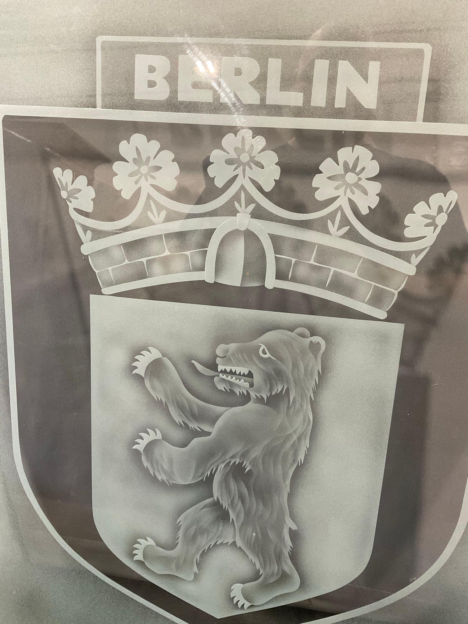 Large Berlin Germany Frosted Glass Panel, City Crest, Bear w/Crown above in shield, 29x25 inches - 2