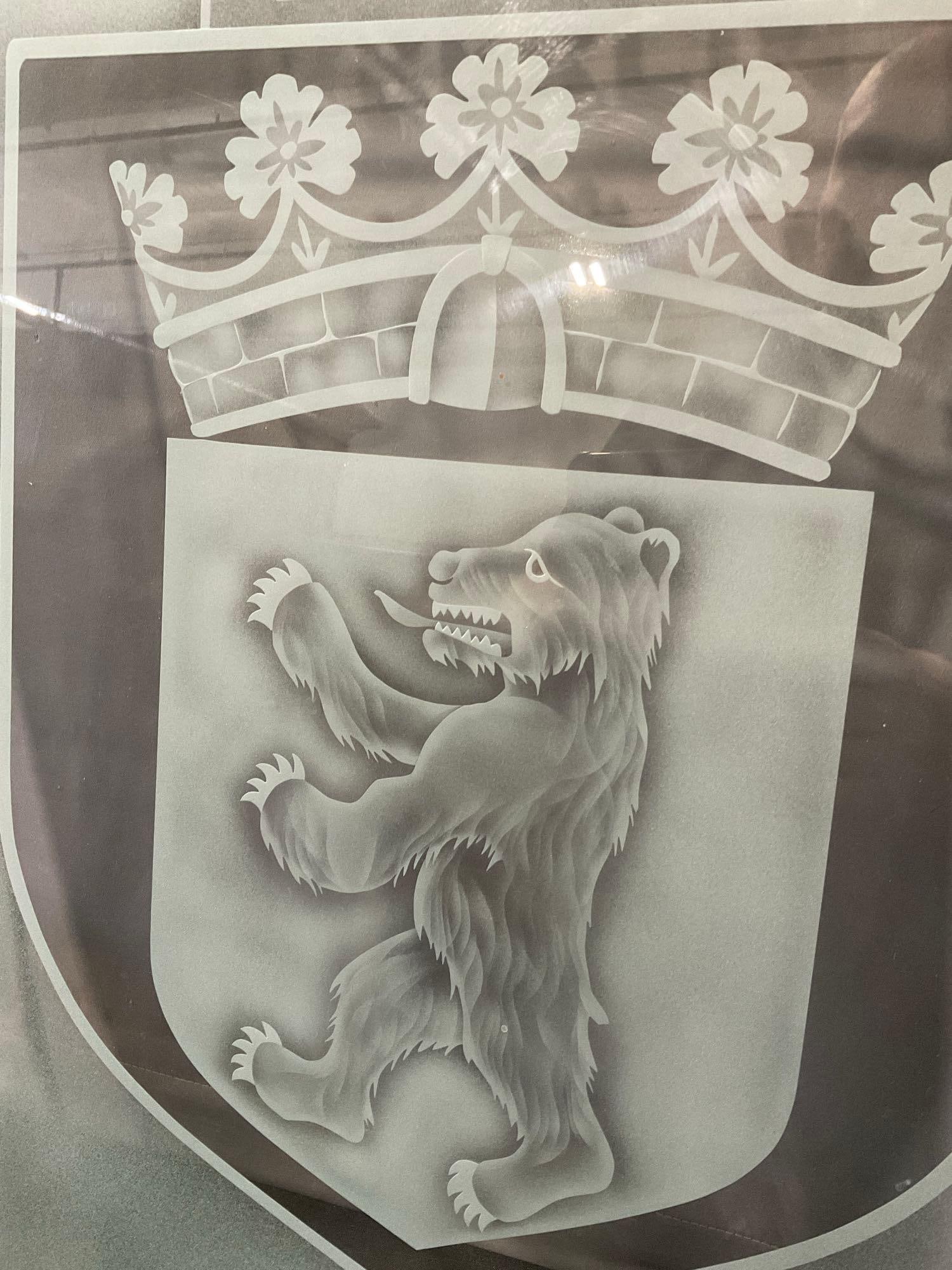 Large Berlin Germany Frosted Glass Panel, City Crest, Bear w/Crown above in shield, 29x25 inches - 3