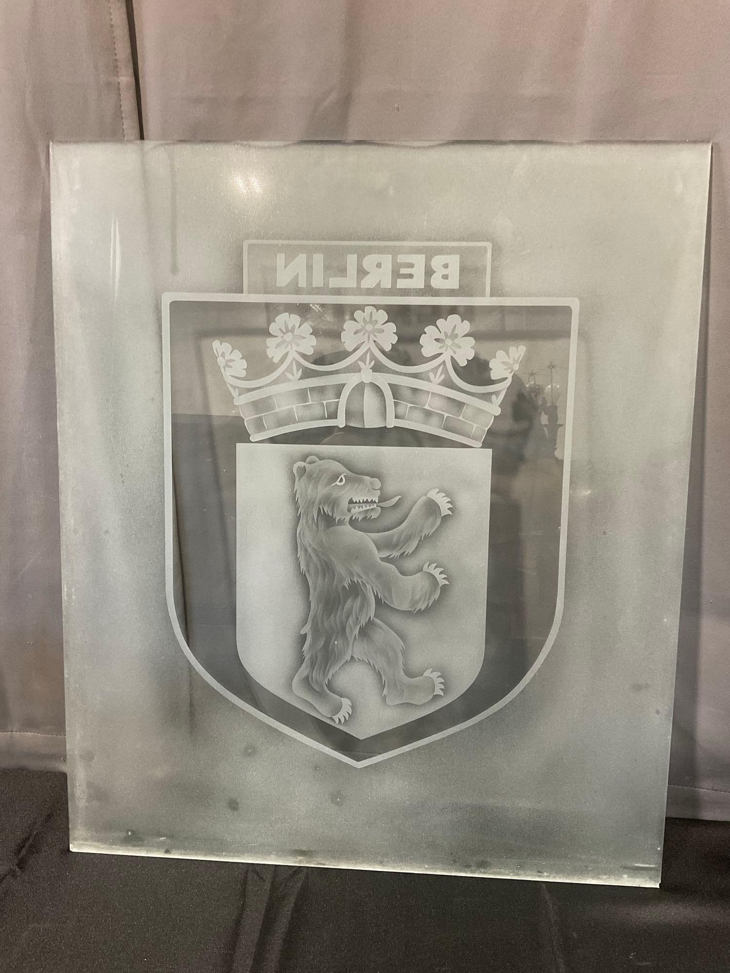 Large Berlin Germany Frosted Glass Panel, City Crest, Bear w/Crown above in shield, 29x25 inches - 4