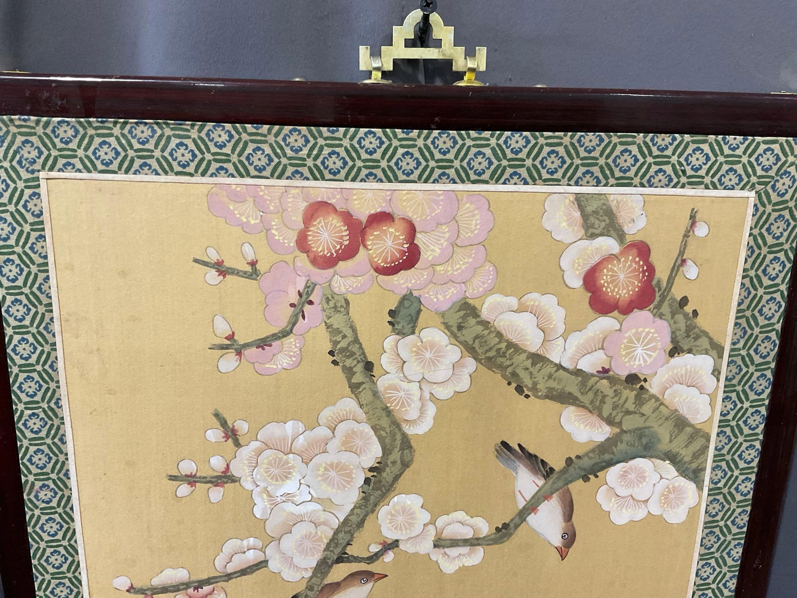 Vintage Framed Japanese Watercolor, Cherry Blossoms on Branch & Irises below, 37x18 inches - 2