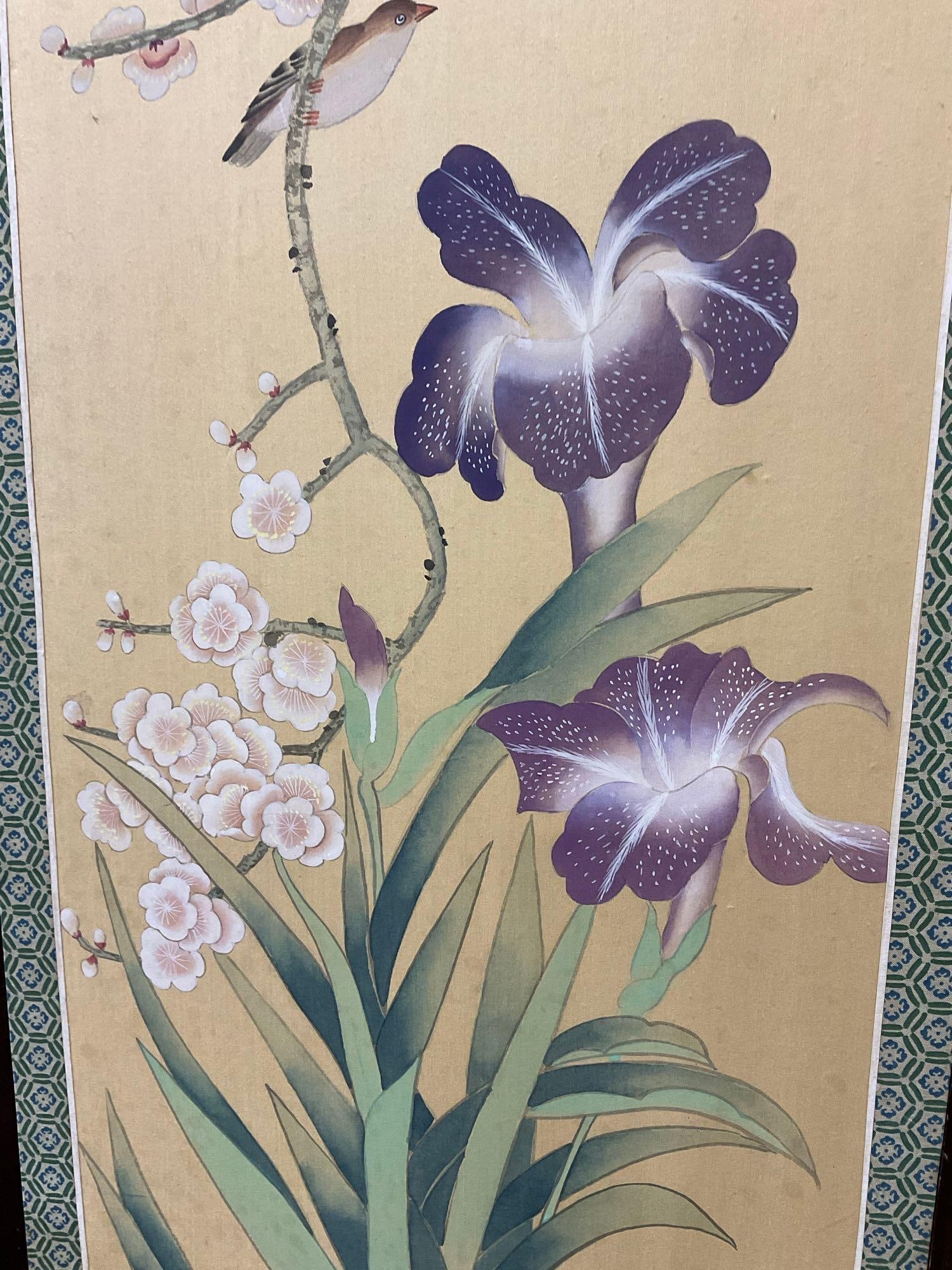 Vintage Framed Japanese Watercolor, Cherry Blossoms on Branch & Irises below, 37x18 inches - 3