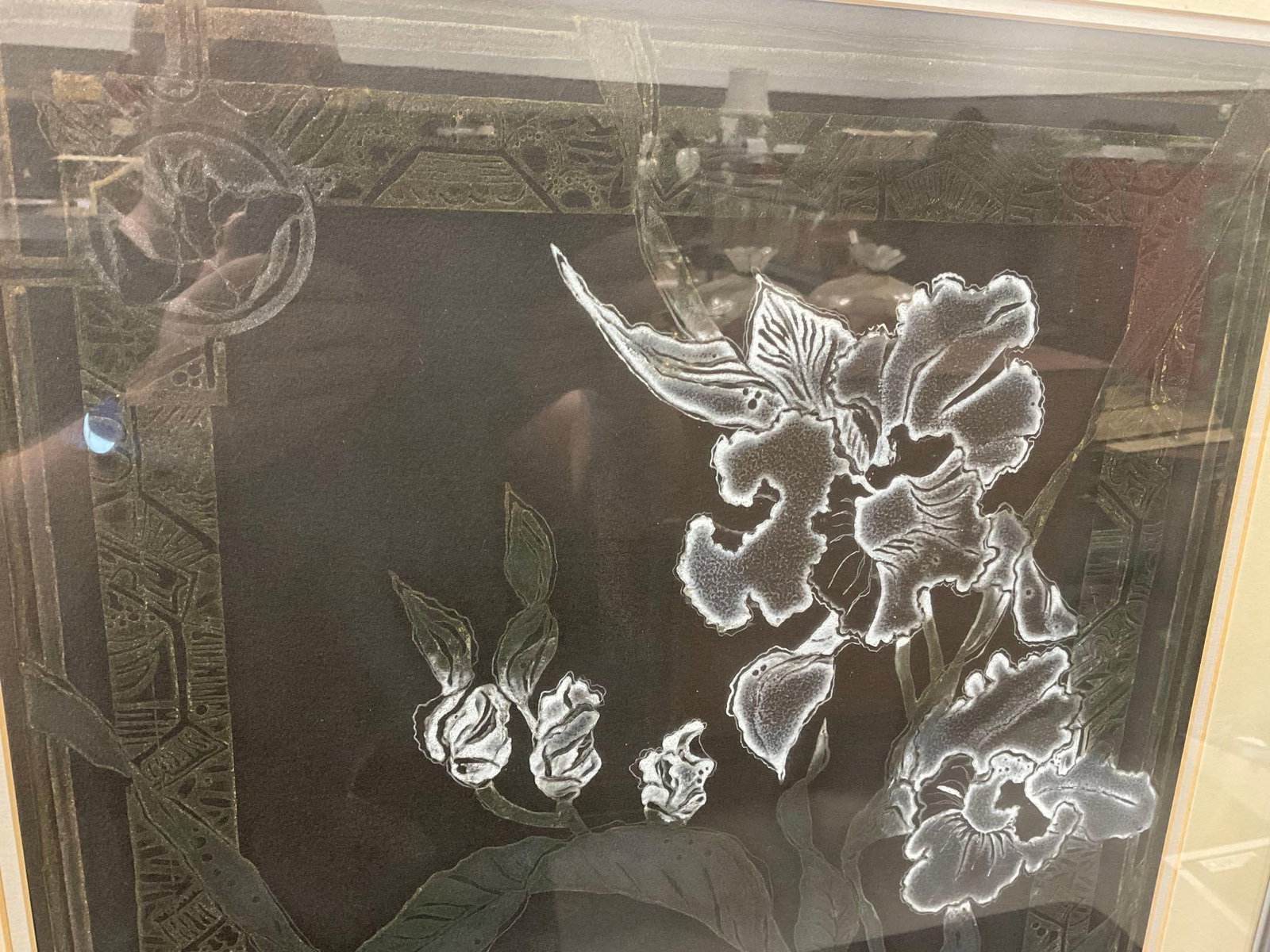 Framed Floral Lithograph Intaglio, Dark Abstract Orchid Design, 33x25 inches - 2