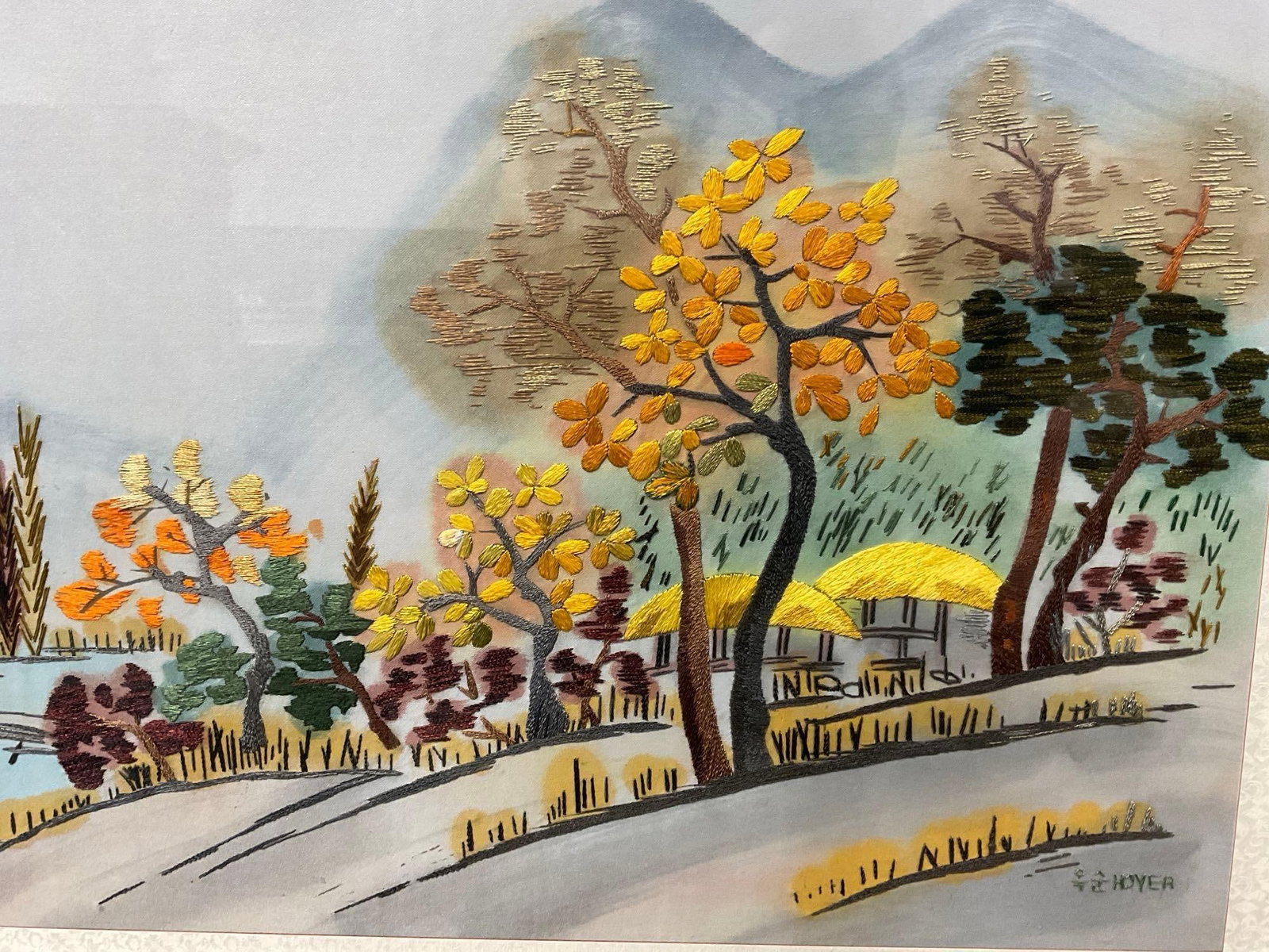 Framed Vintage Chinese Embroidery, Autumn Evening, 20x35 inches - 3
