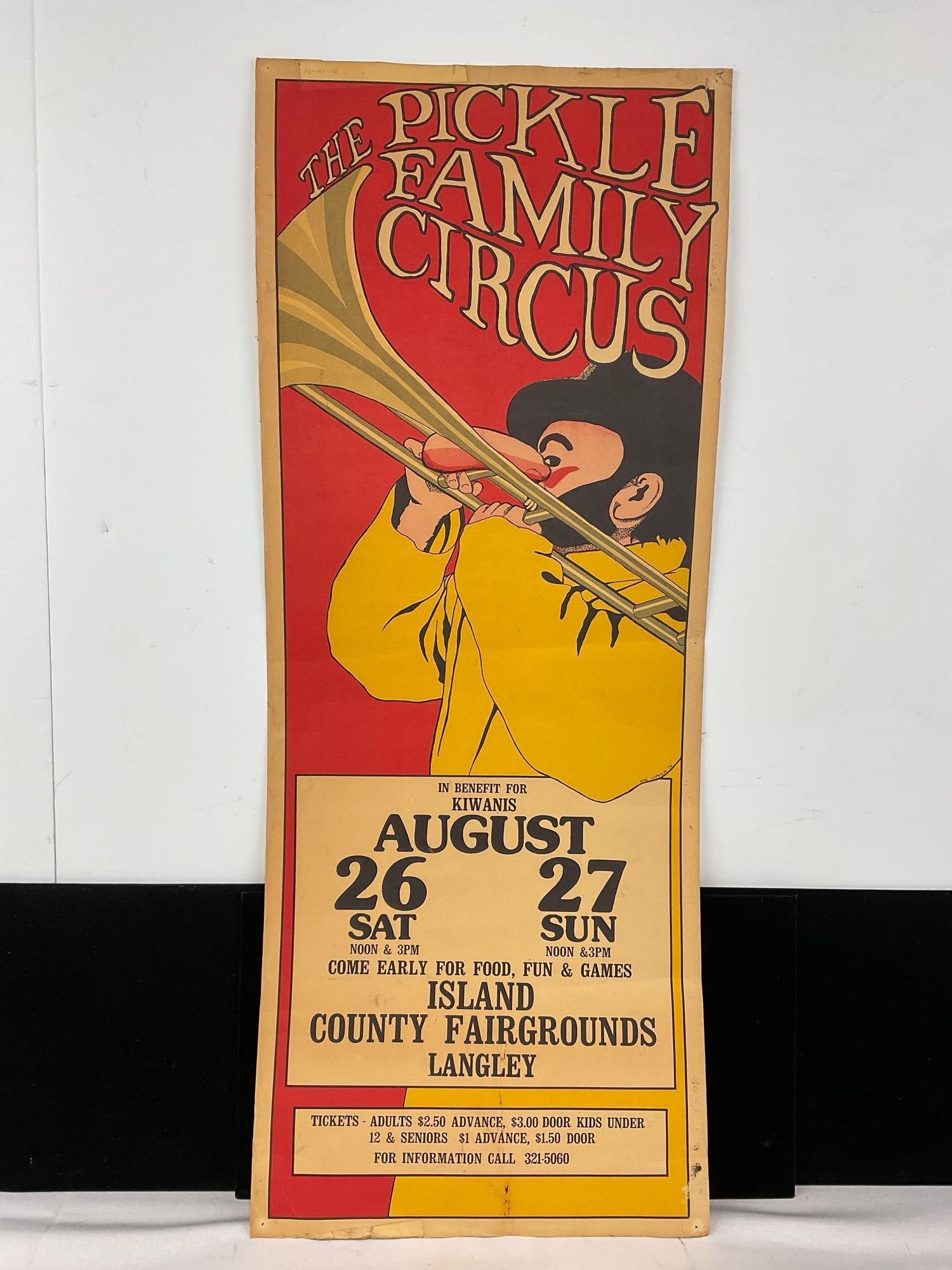 Vintage approx 1980s The Pickle Family Circus Langley WA, Poster 29 x 12 inches, Red & Yellow: Started in 1974 in California, unclear which year this was. Appears to be in good shape. The piece rolled up measures approx 12h x 3w x 3d inches. See pics. E-5360