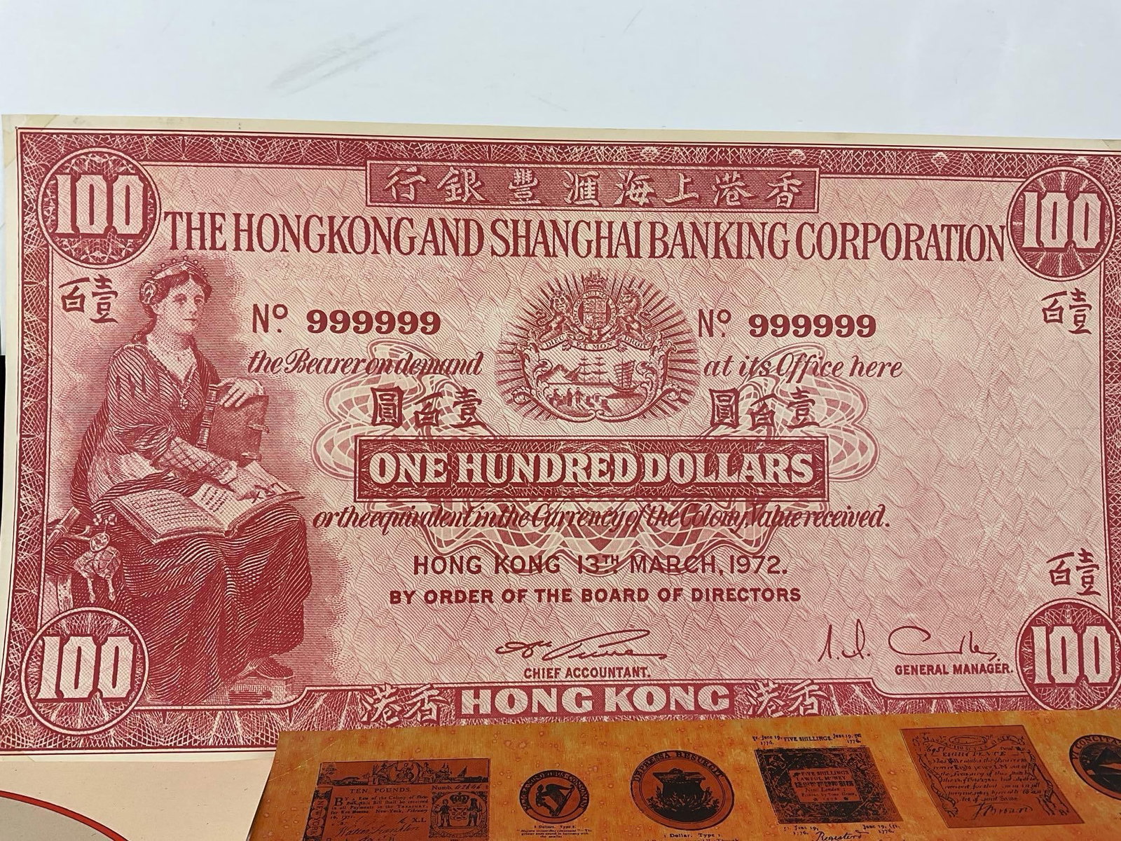 Posters & Blown Up Vintage Money Prints, 100 & 500, & Hong Kong 100 dollars notes, 14 x 24 inches - 2