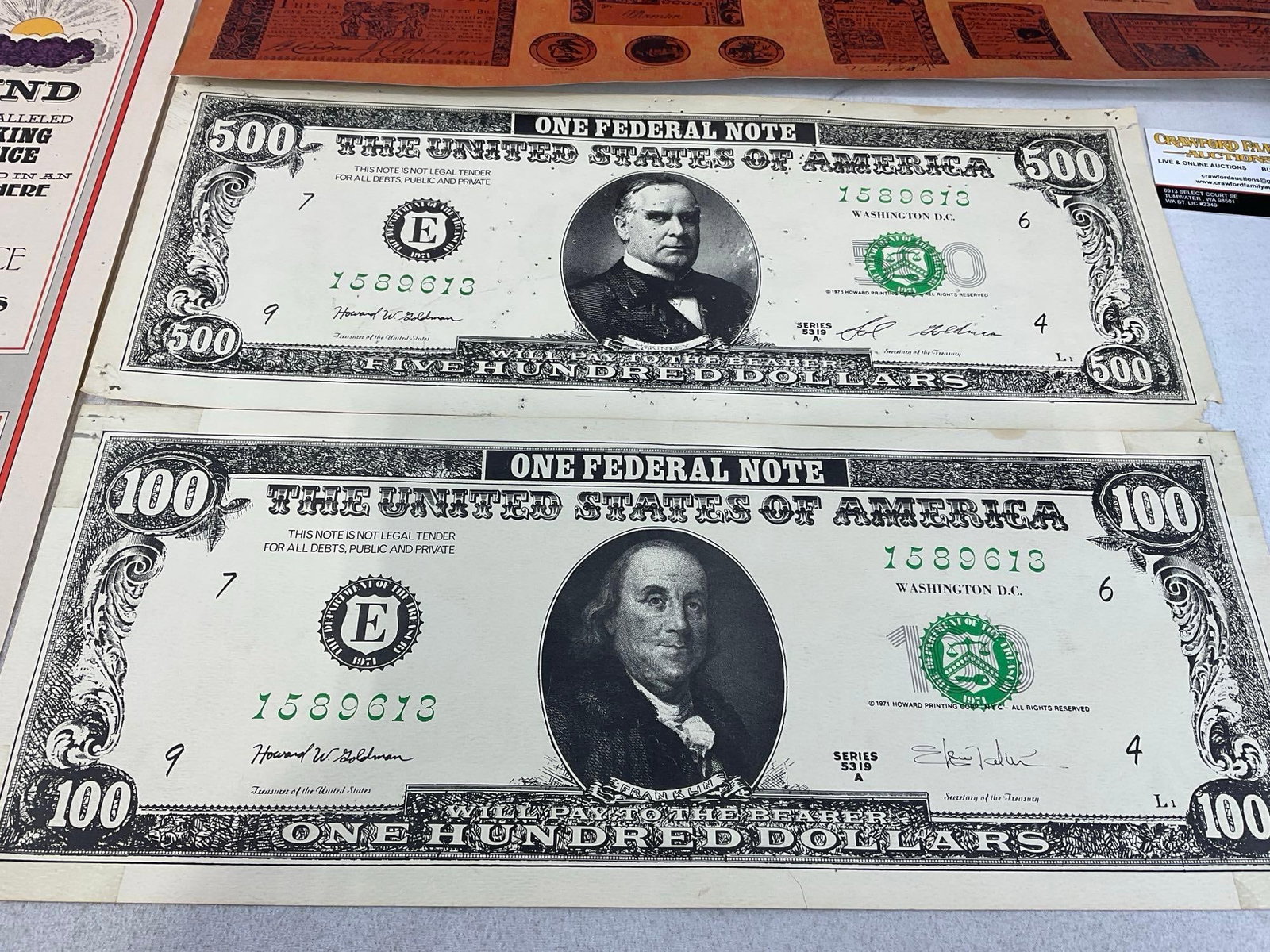 Posters & Blown Up Vintage Money Prints, 100 & 500, & Hong Kong 100 dollars notes, 14 x 24 inches - 3