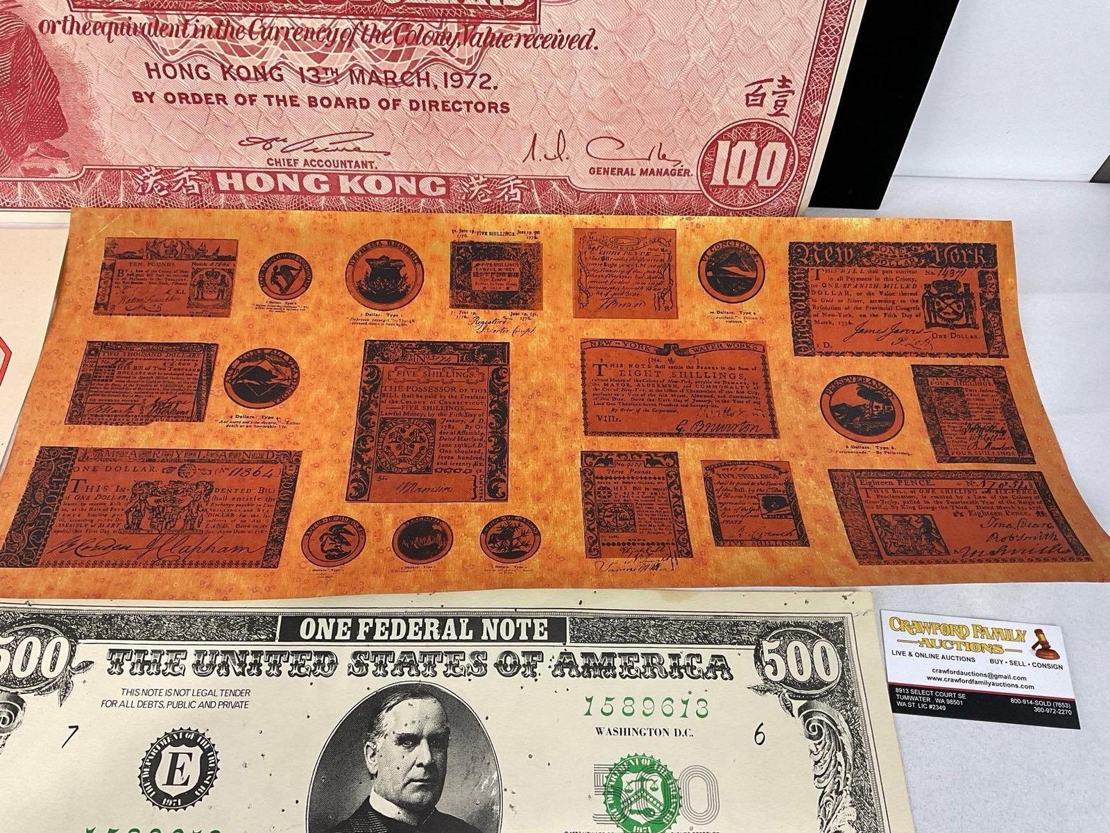Posters & Blown Up Vintage Money Prints, 100 & 500, & Hong Kong 100 dollars notes, 14 x 24 inches - 5