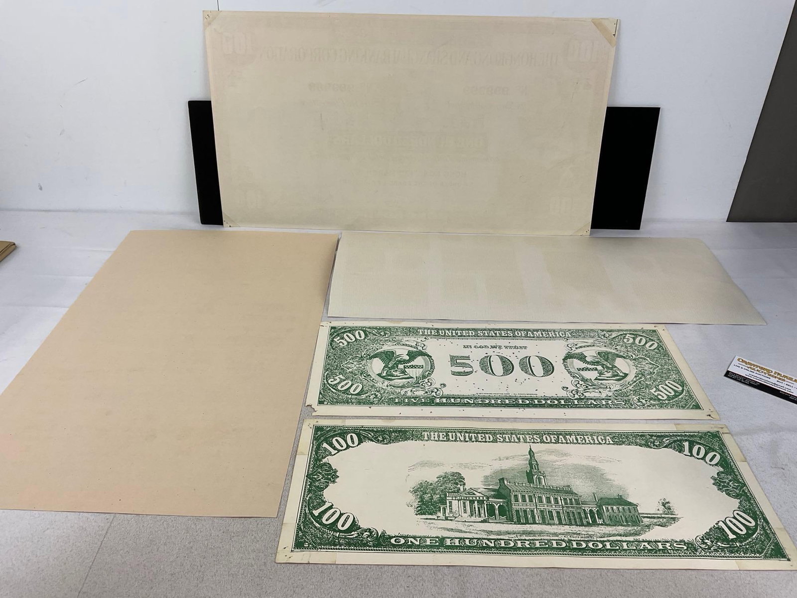 Posters & Blown Up Vintage Money Prints, 100 & 500, & Hong Kong 100 dollars notes, 14 x 24 inches - 6