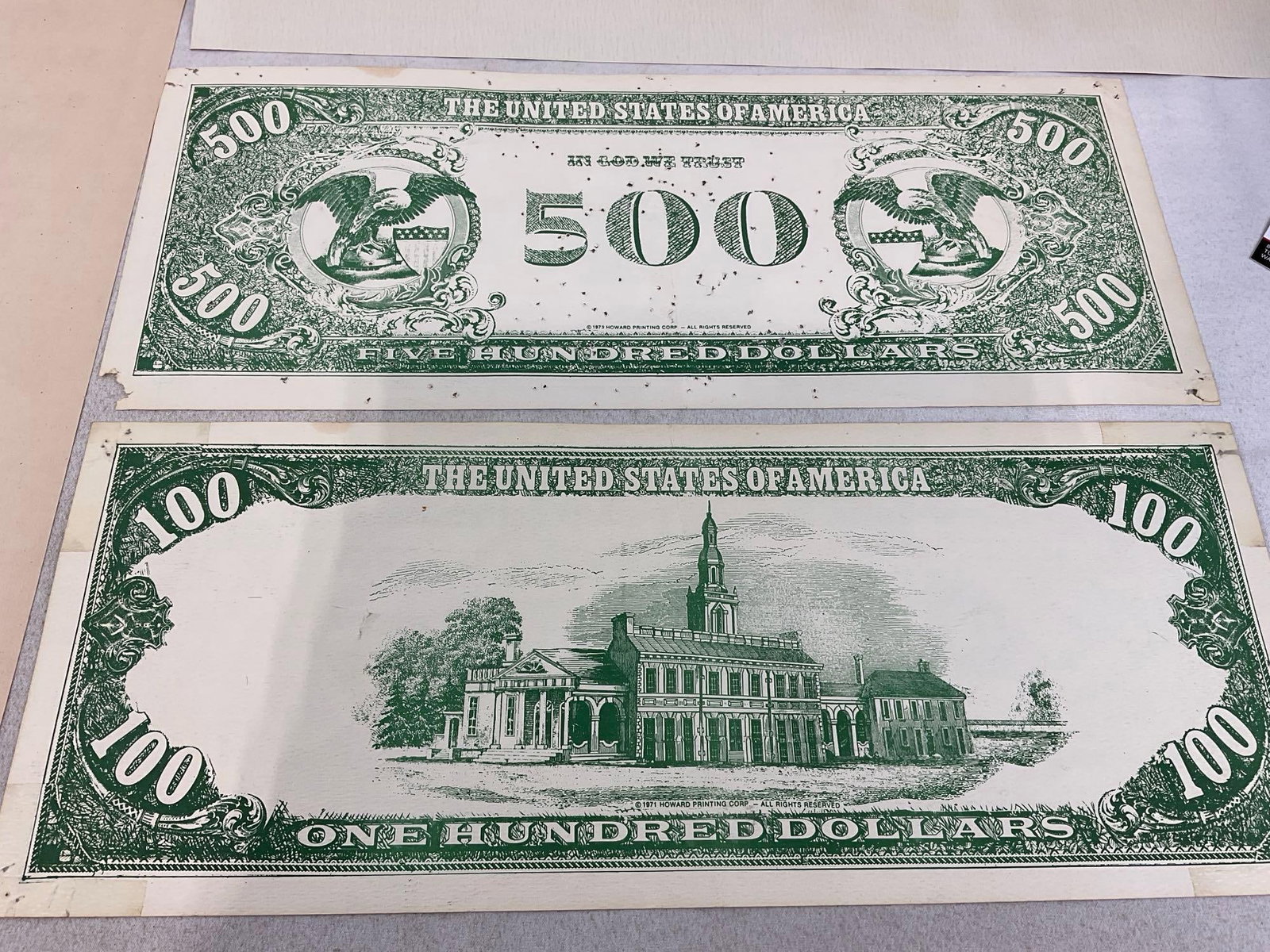 Posters & Blown Up Vintage Money Prints, 100 & 500, & Hong Kong 100 dollars notes, 14 x 24 inches - 7
