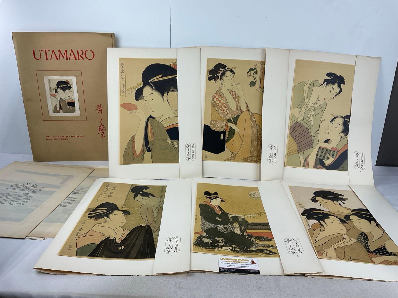 Set of 6 Japanese Color Lithograph Prints by Kitagawa Utamaro, 20x15 inches: Appears to be in good shape. The piece measures approx 20h x 15w x 3d inches. See pics. E-5360